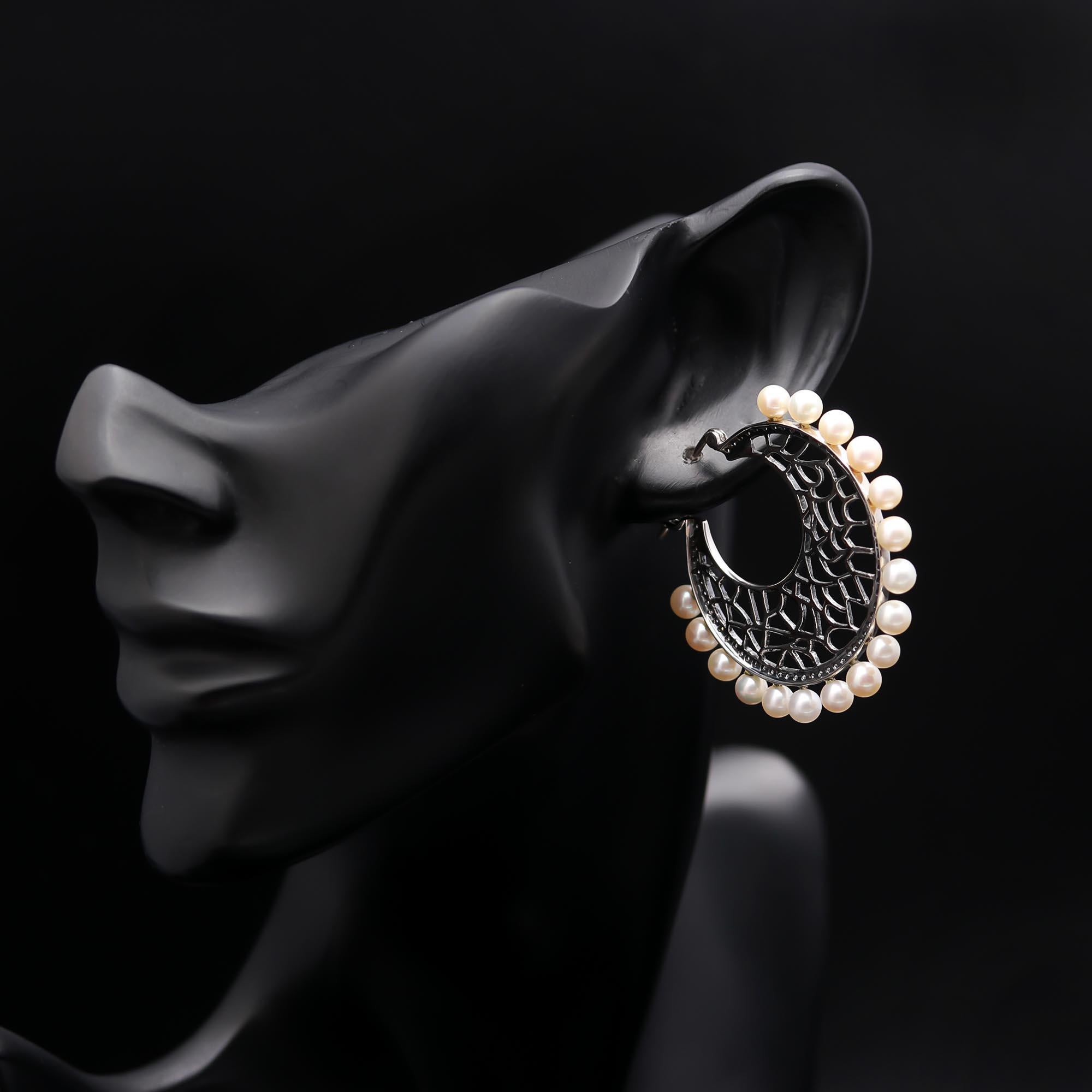 The Pearl Crescent: Filigree Silver & Pearl Hoops