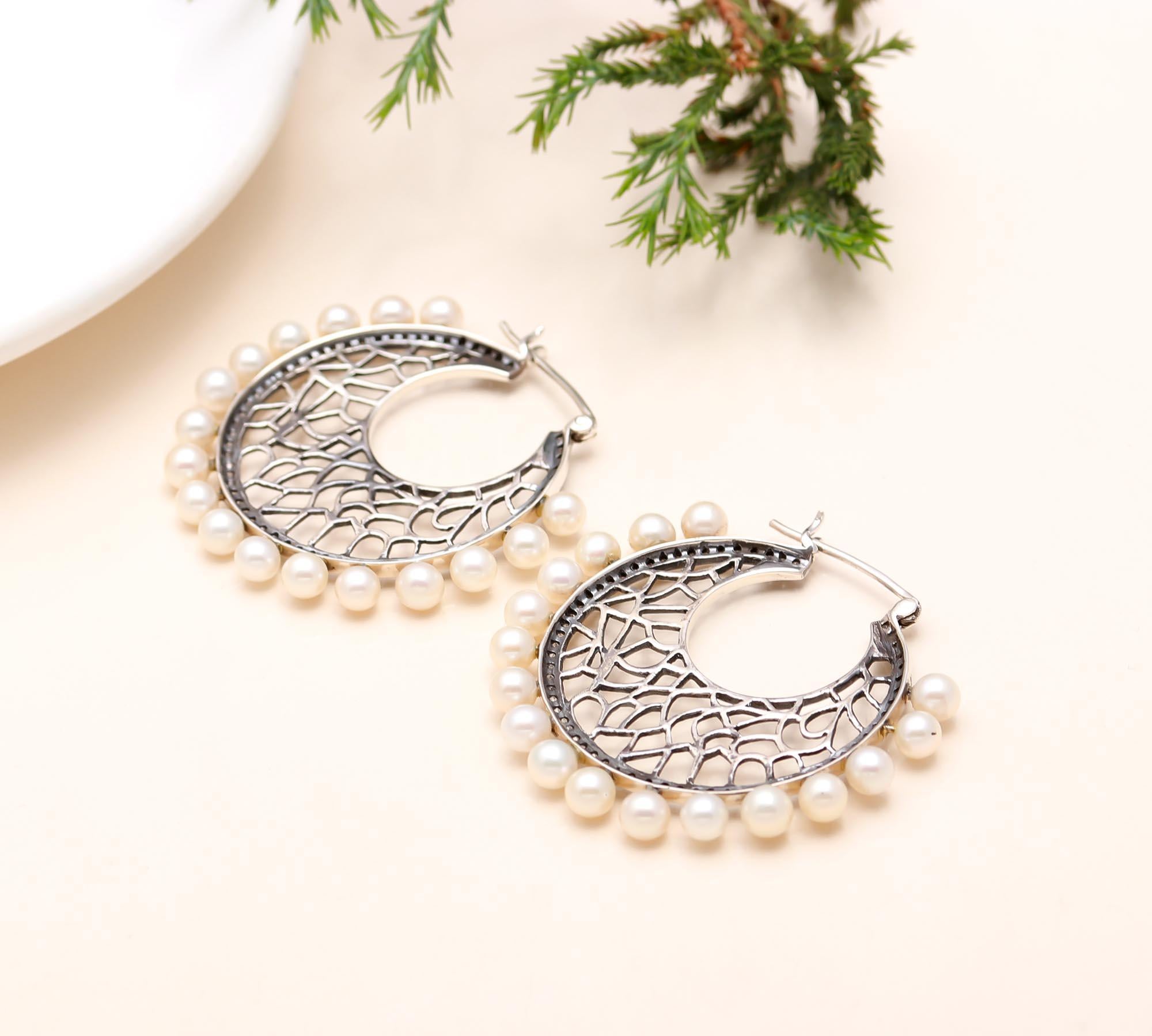 The Pearl Crescent: Filigree Silver & Pearl Hoops