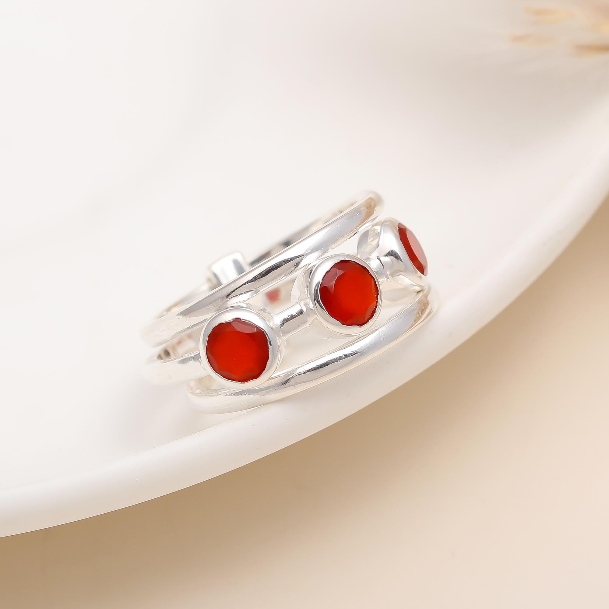 925 Silver Red Onyx Triple Band Ring