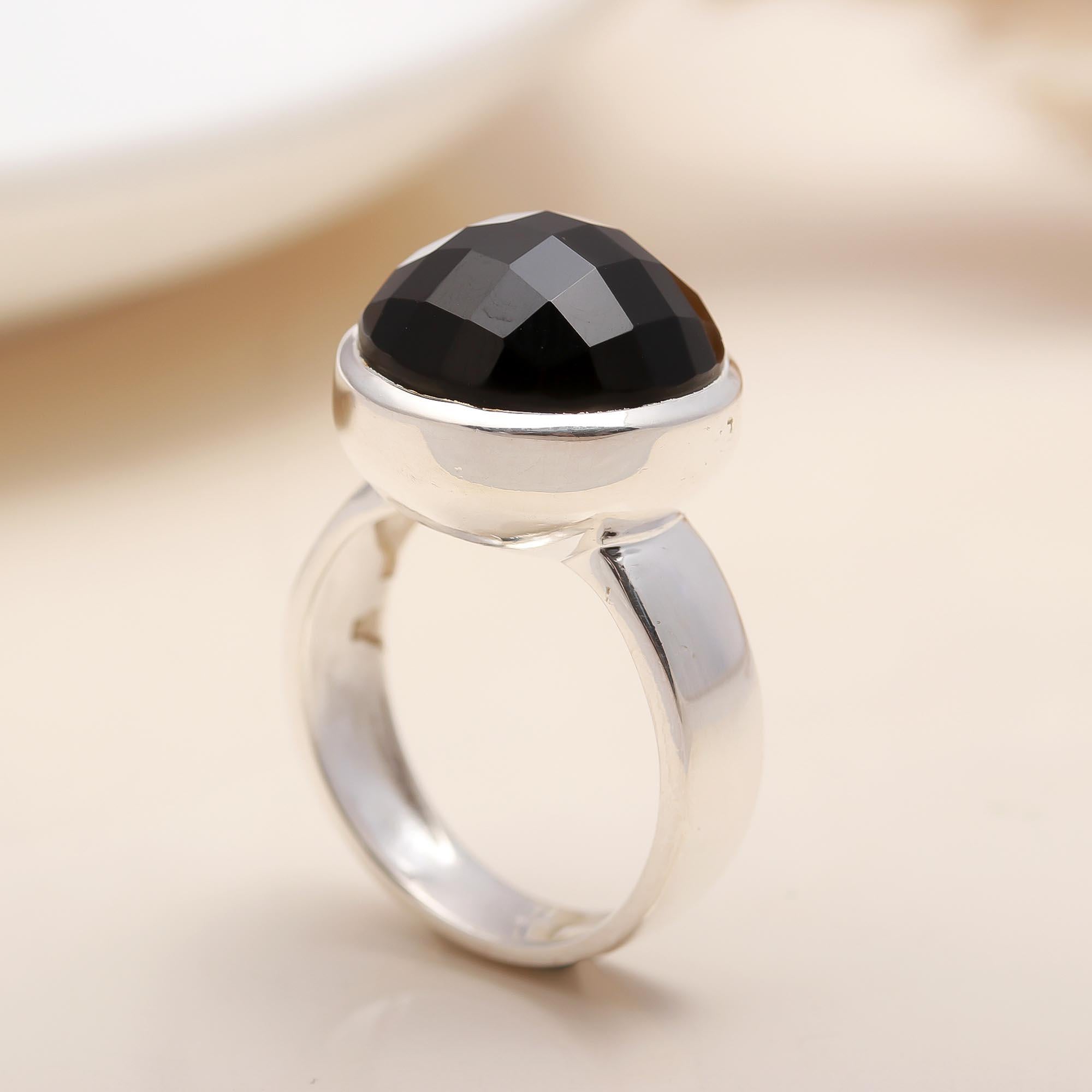 925 Silver Faceted Black Onyx Ring