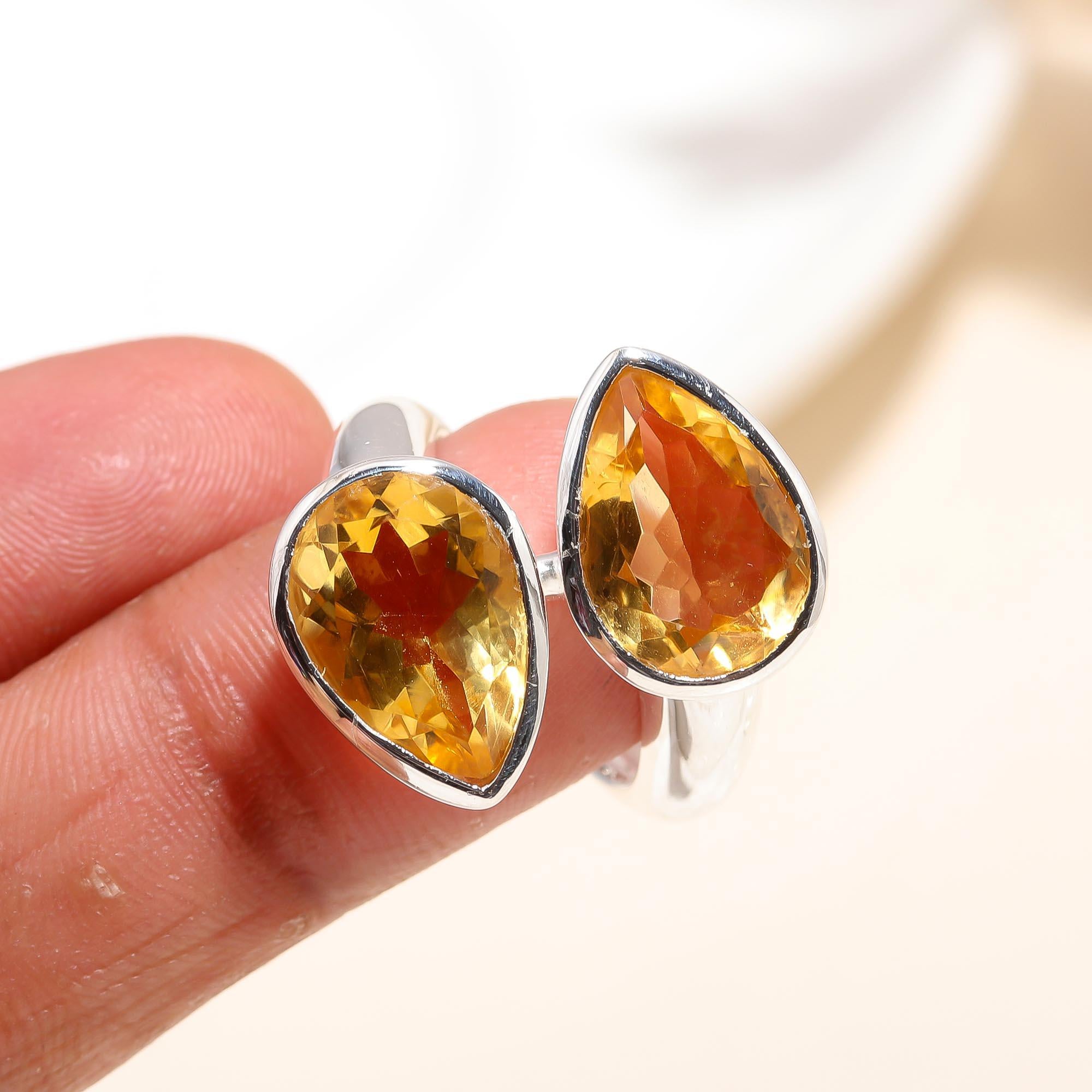 925 Silver Double Citrine Open Ring