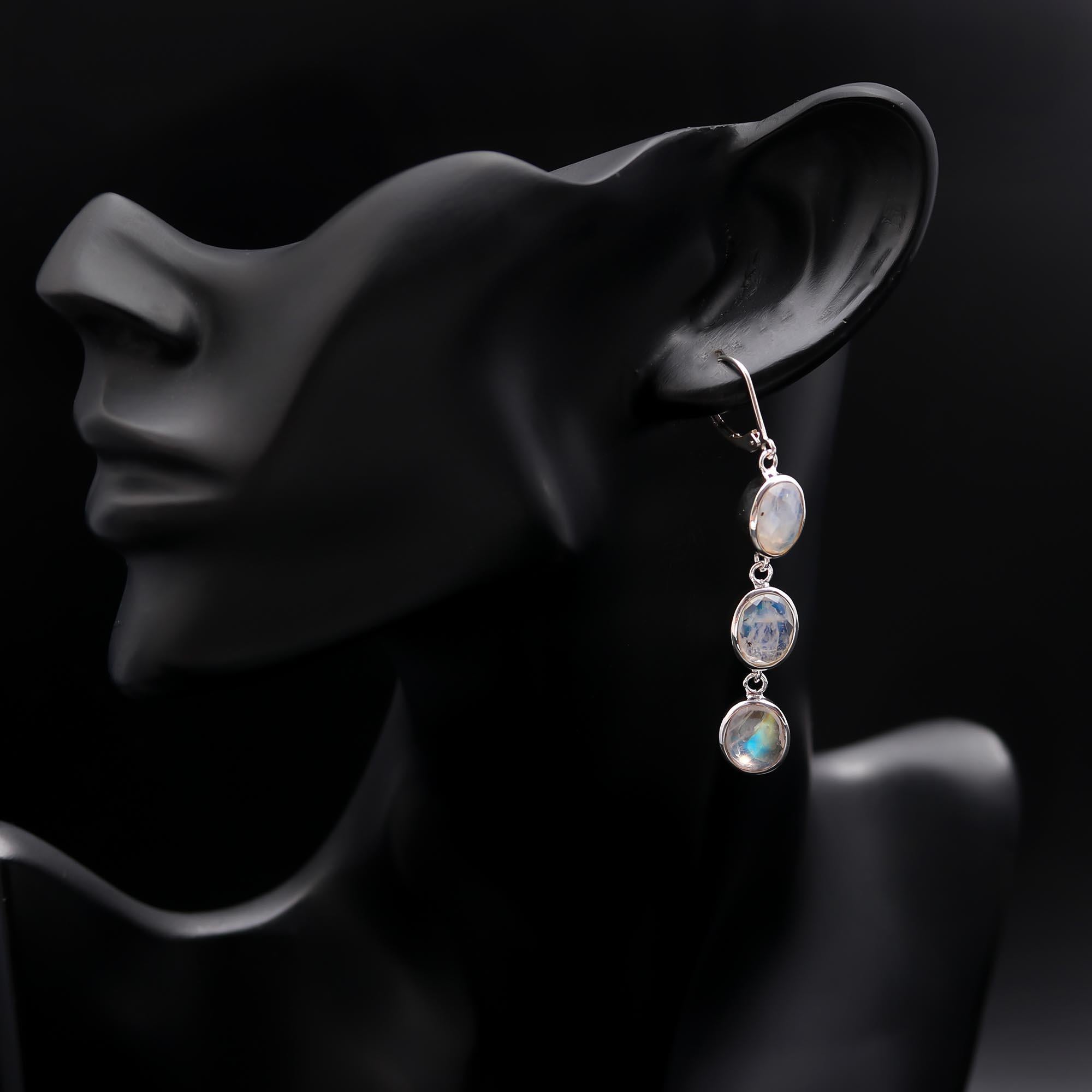 The Lunar Trio: Rainbow Moonstone & Silver Drop Earrings