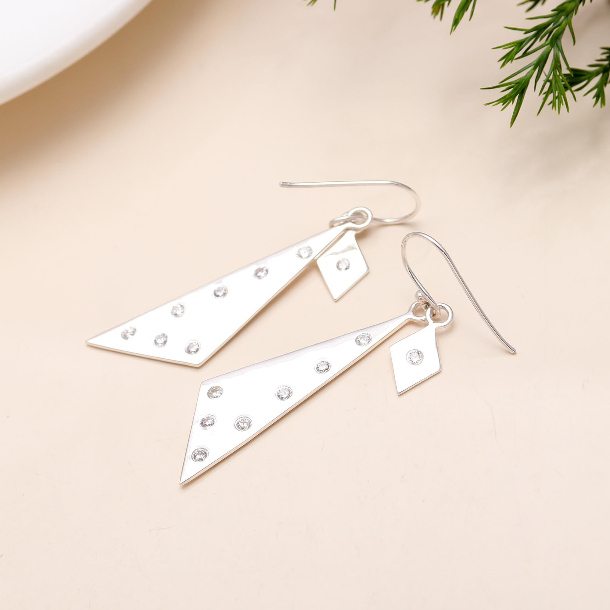 The Stardust Geometry: Asymmetric Silver & Crystal Drop Earrings