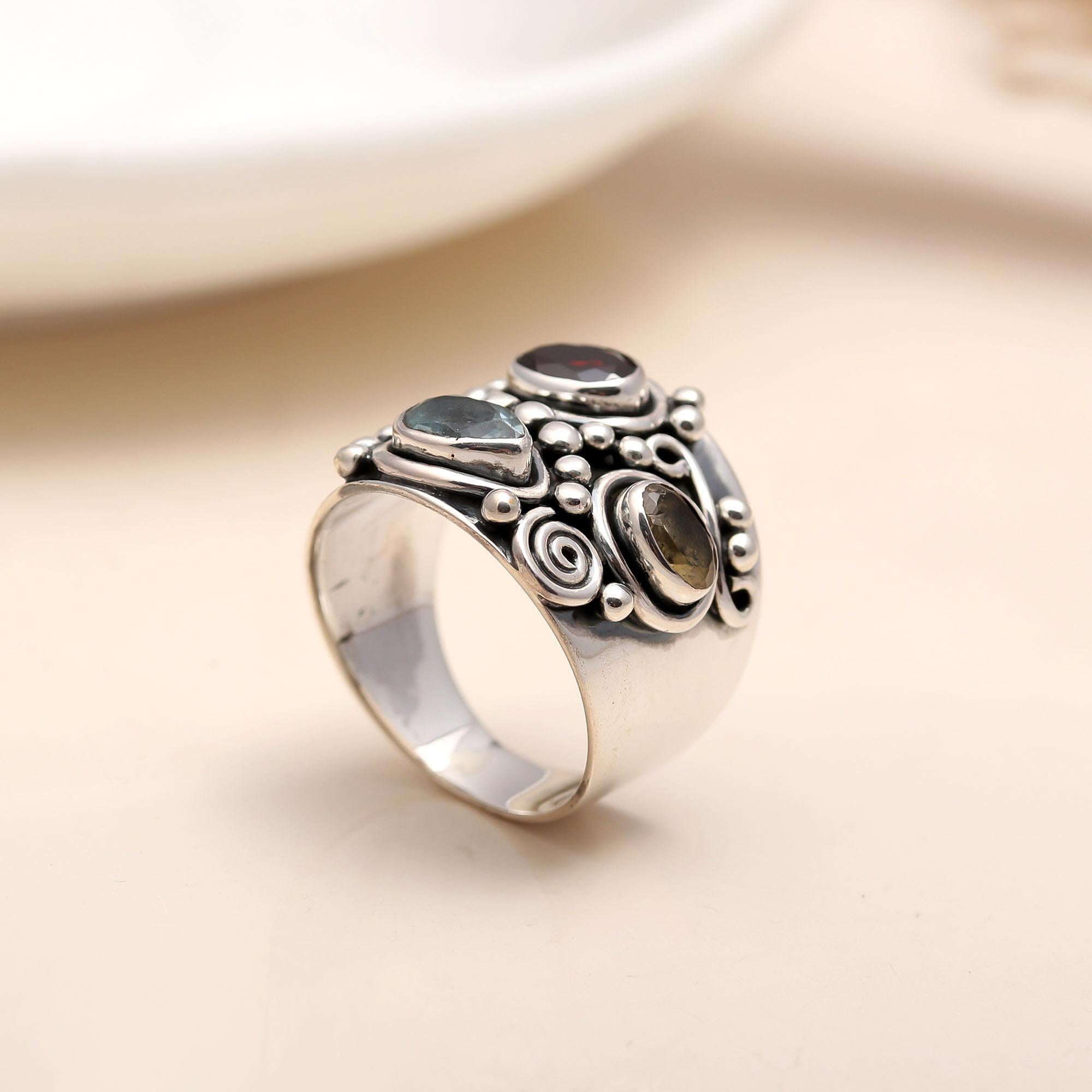 925 Silver Multi-Stone Wide Band Ring