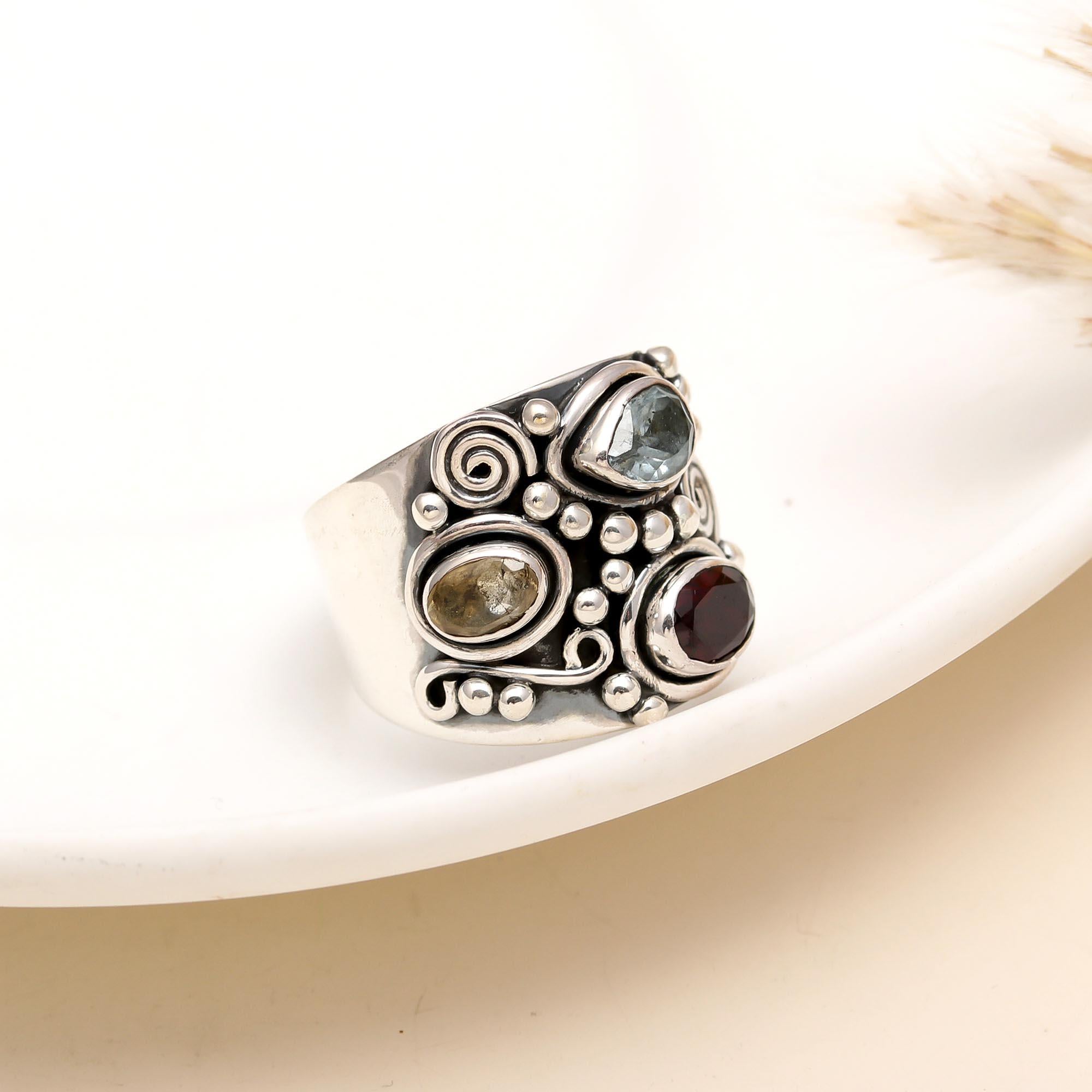 925 Silver Multi-Stone Wide Band Ring