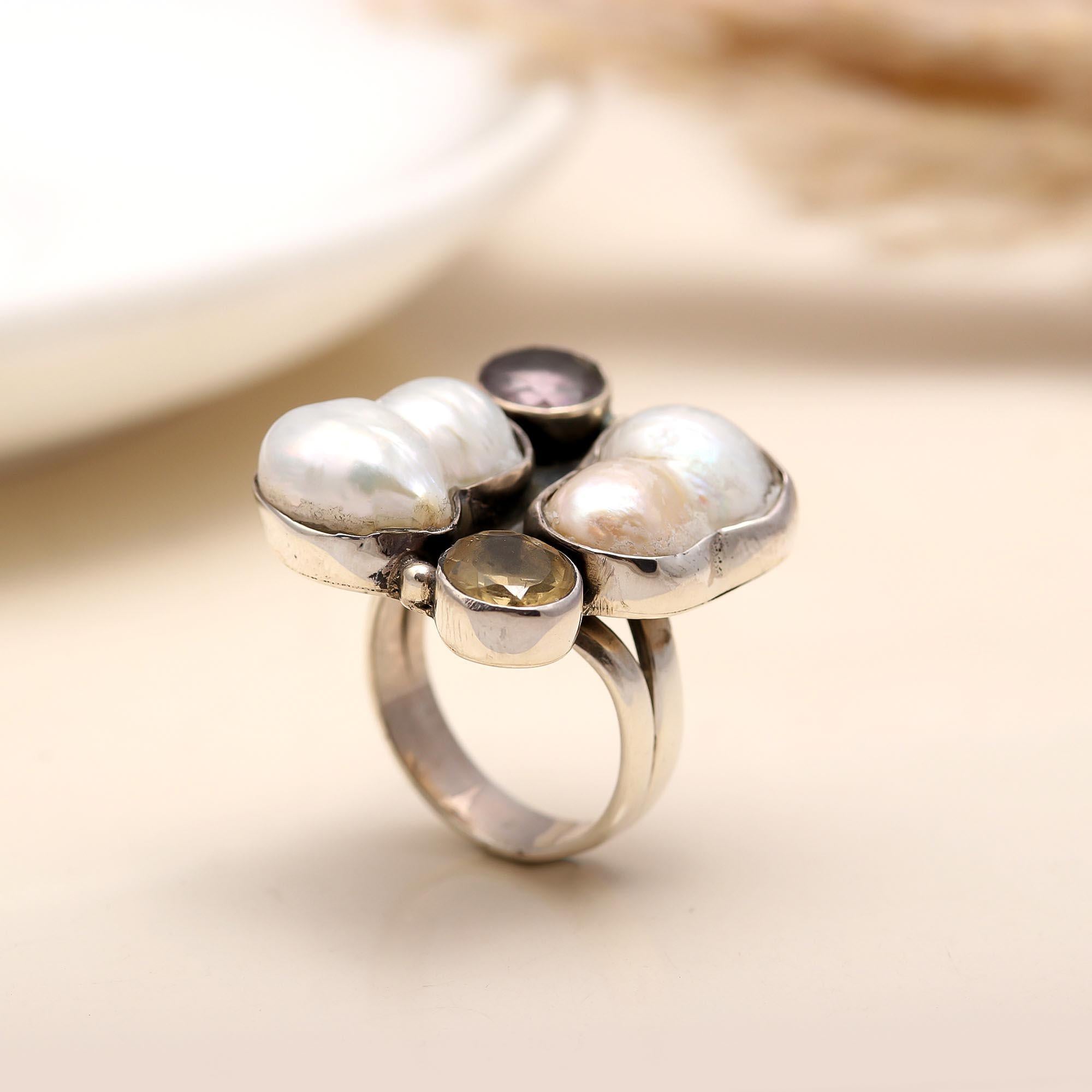 The Luminous Cluster: Baroque Pearl  Multi-Gemstone Ring