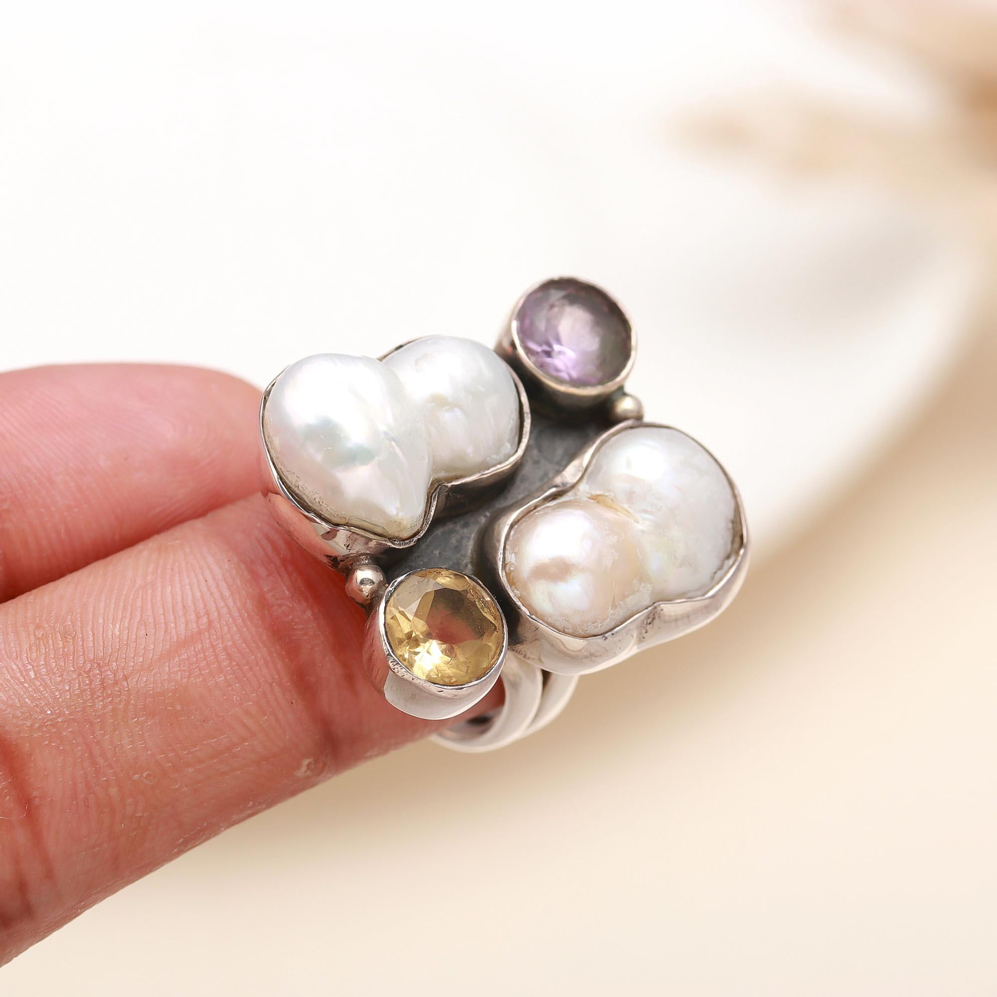 The Luminous Cluster: Baroque Pearl  Multi-Gemstone Ring