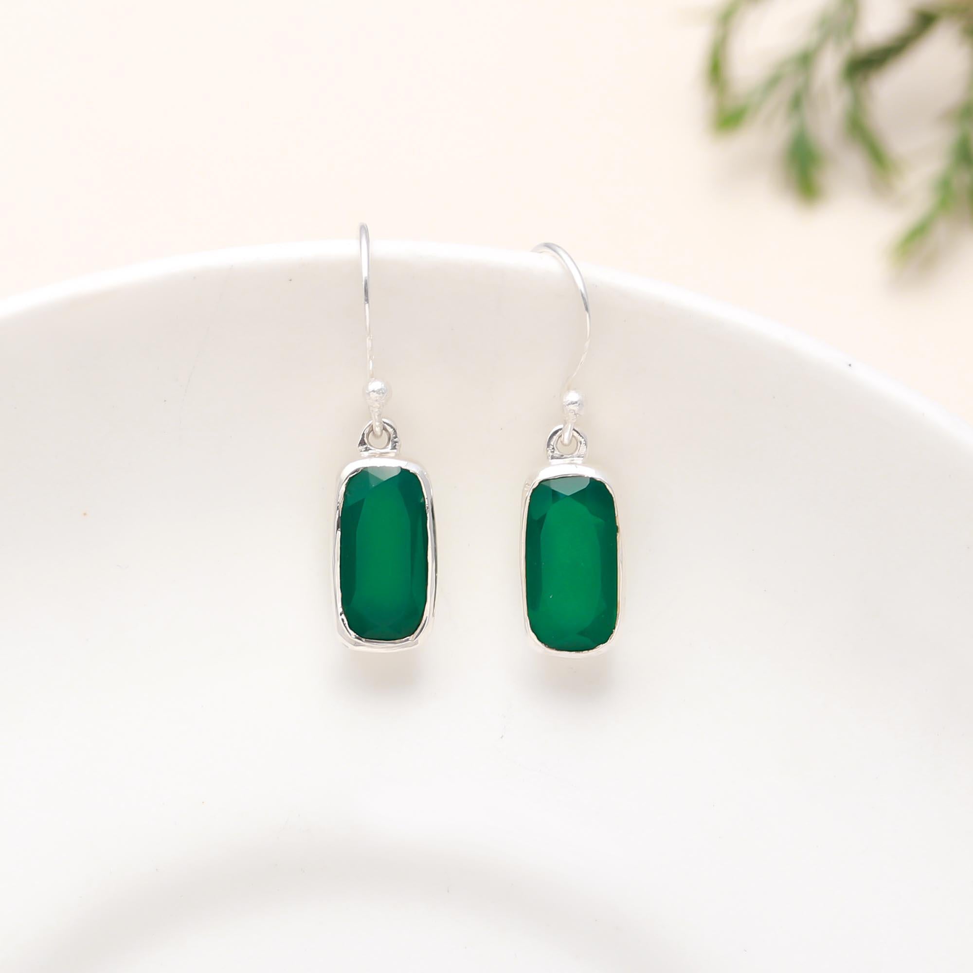 The Verdant Geo : Green Onyx & Silver Drop Earrings