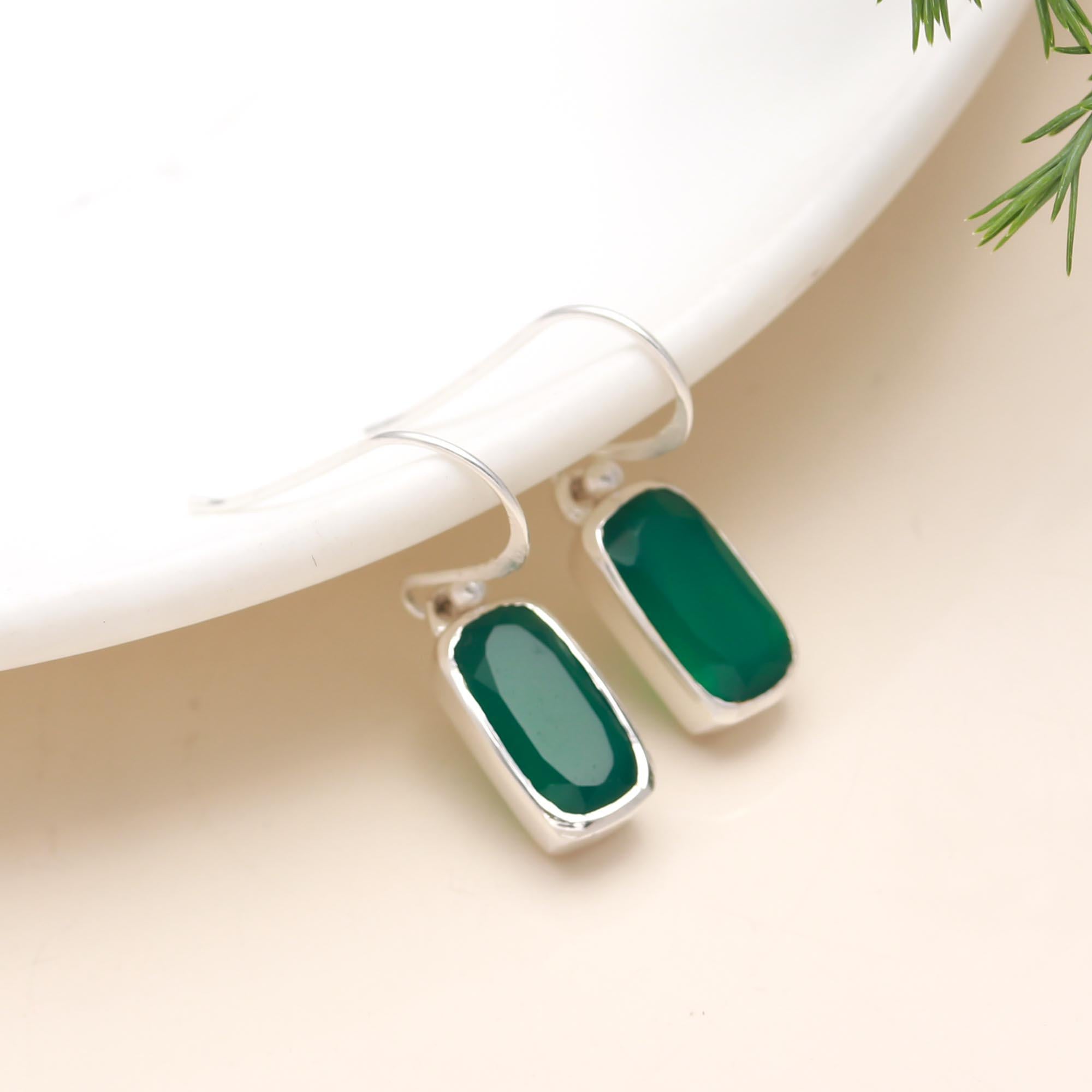 The Verdant Geo: Green Onyx & Silver Rectangular Drop Earrings