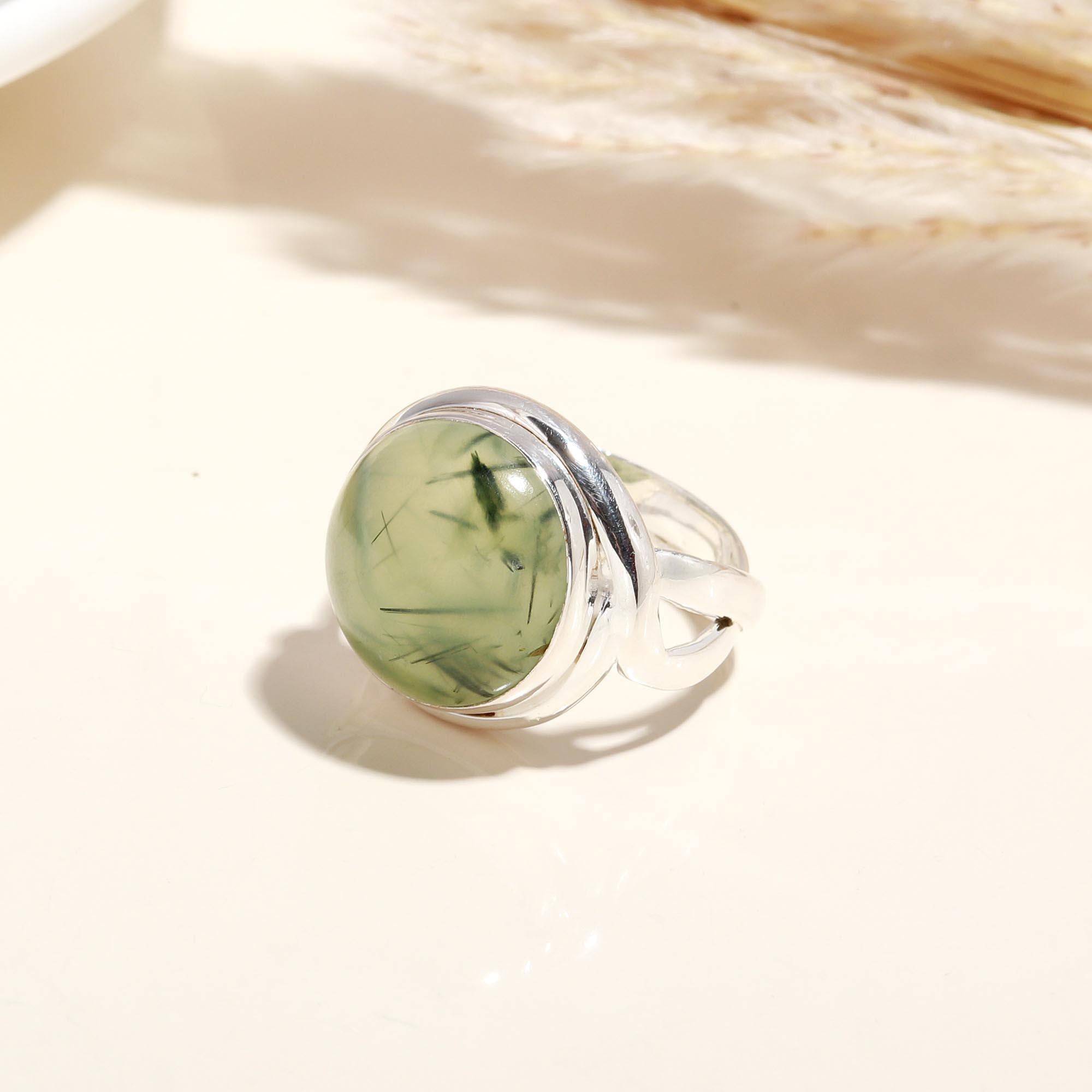 The Serene Orb: Prehnite Cabochon Silver Solitaire Ring