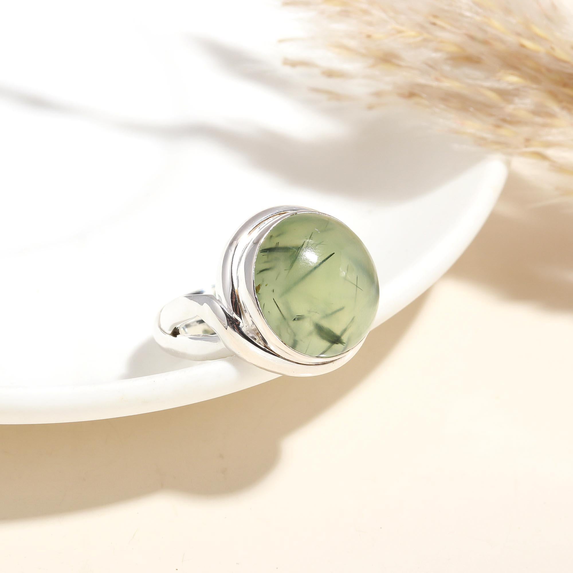 The Serene Orb: Prehnite Cabochon Silver Solitaire Ring