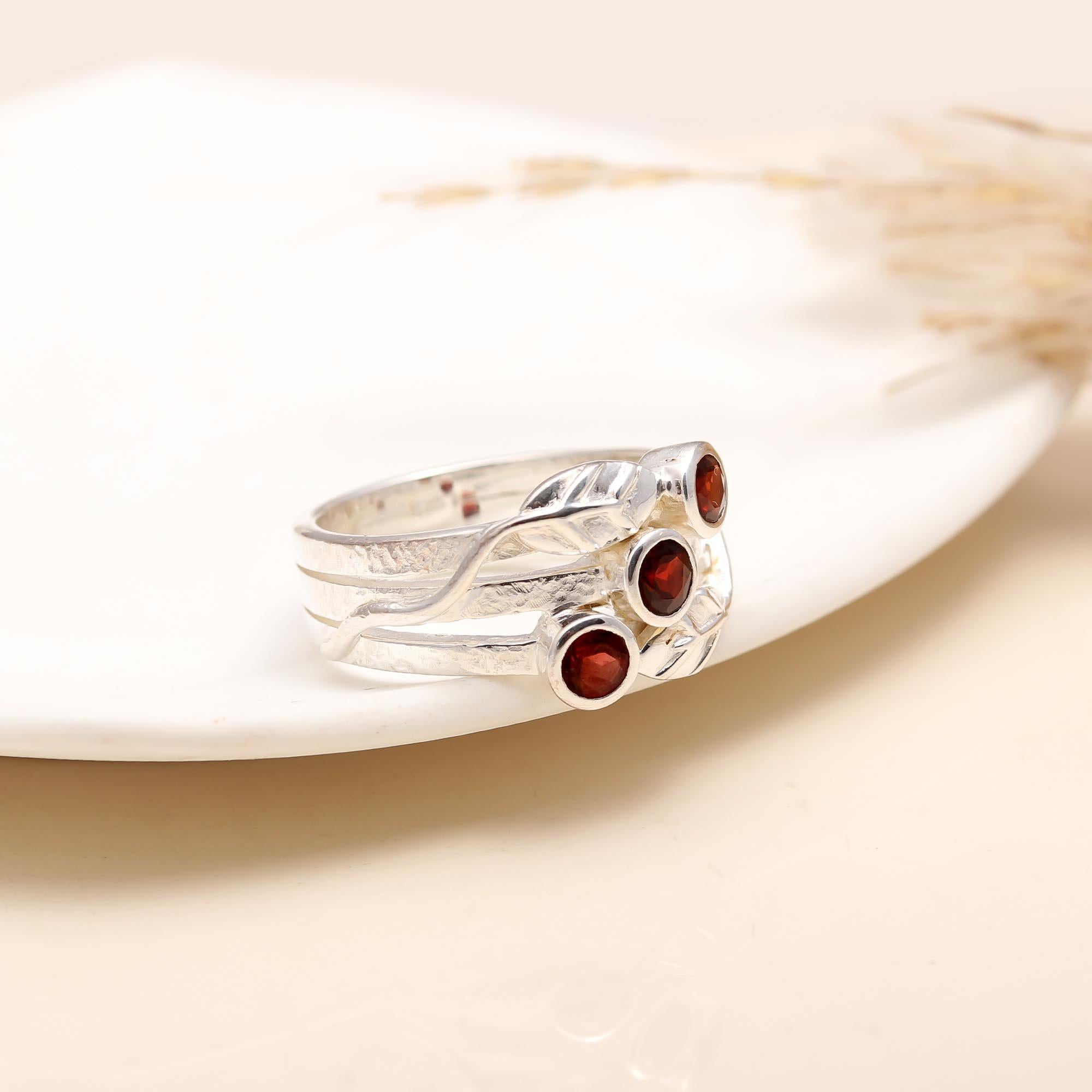 925 Silver Triple Garnet Ring