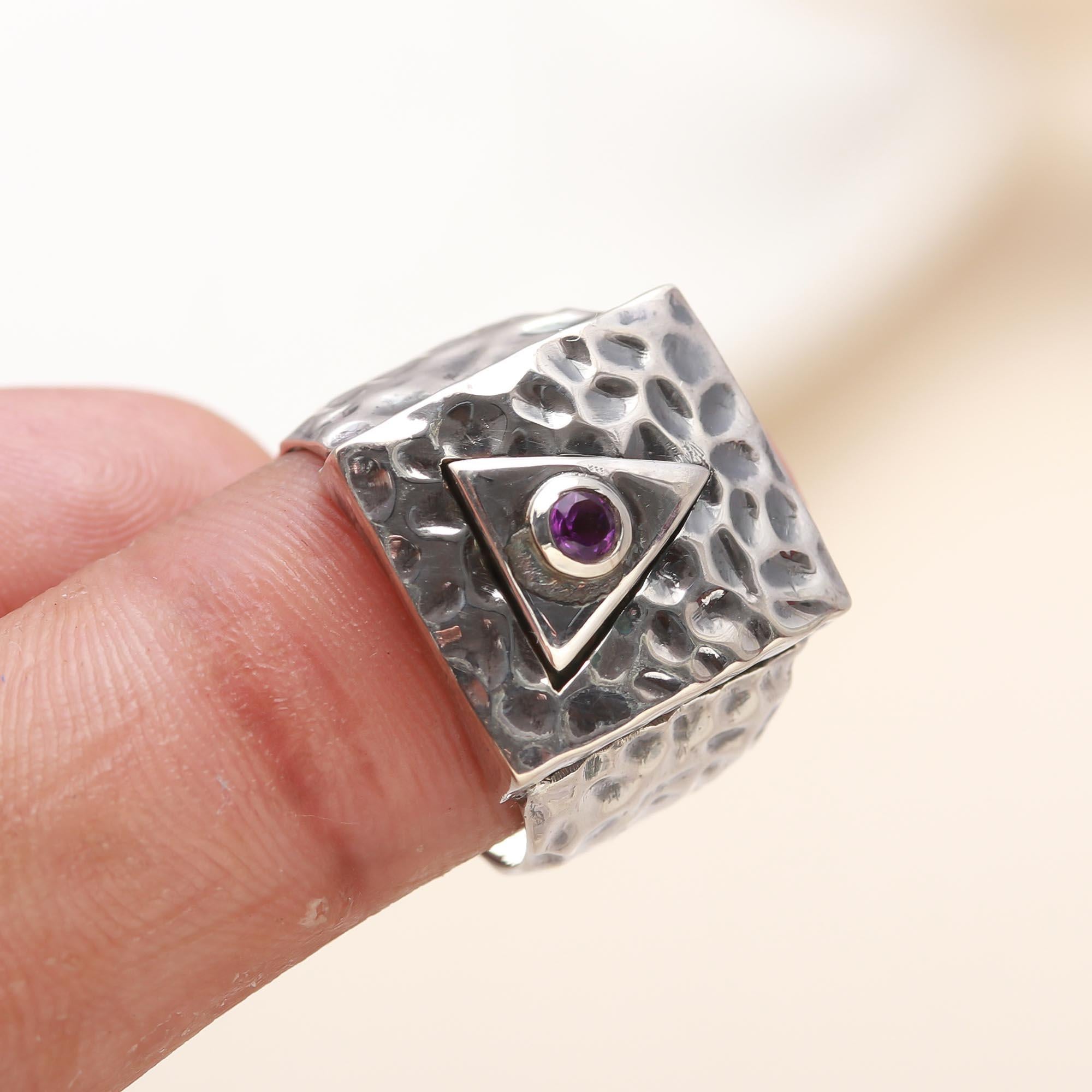 Bold geometric hammered silver ring with amethyst