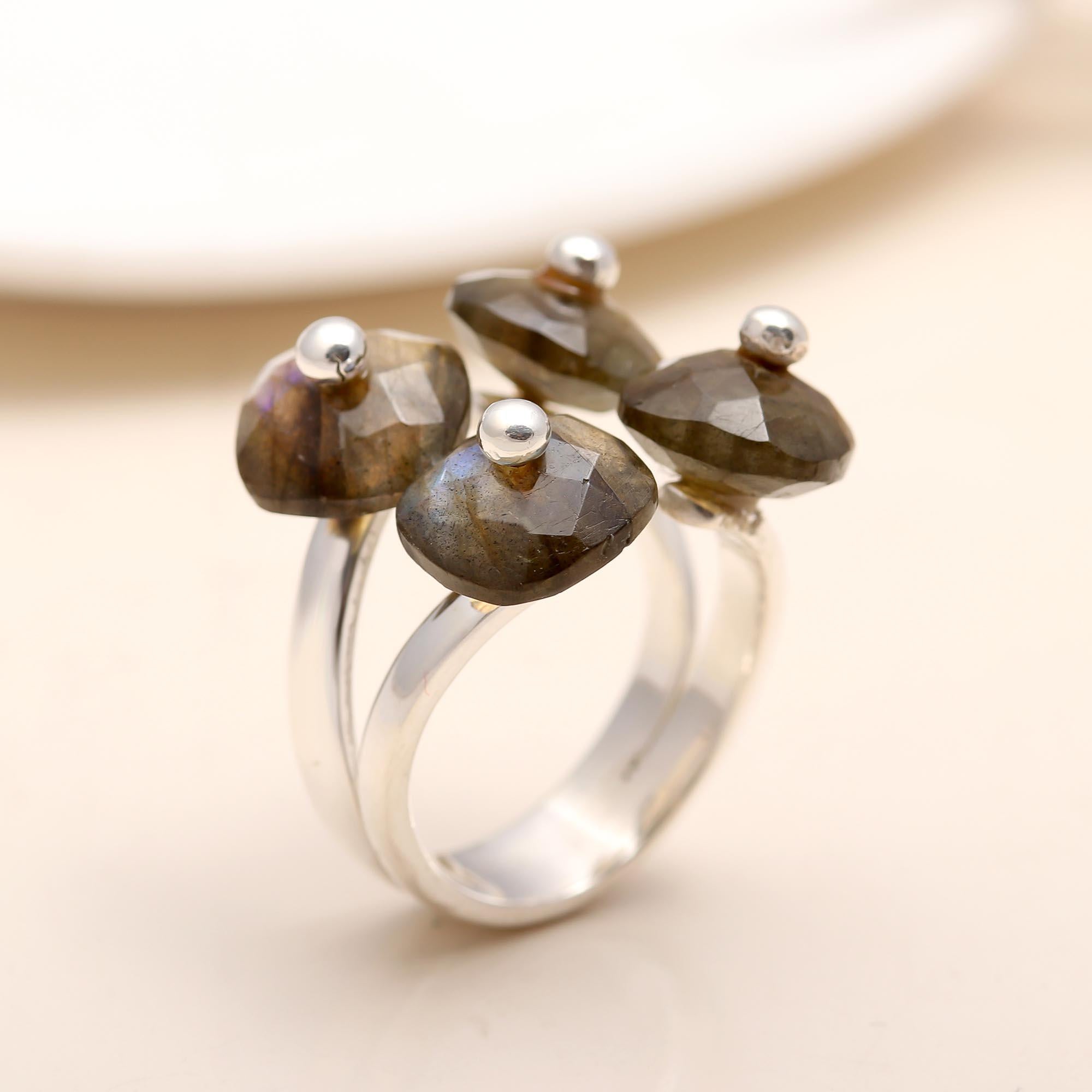 925 Silver Multi Labradorite Beads Statement Ring close-up