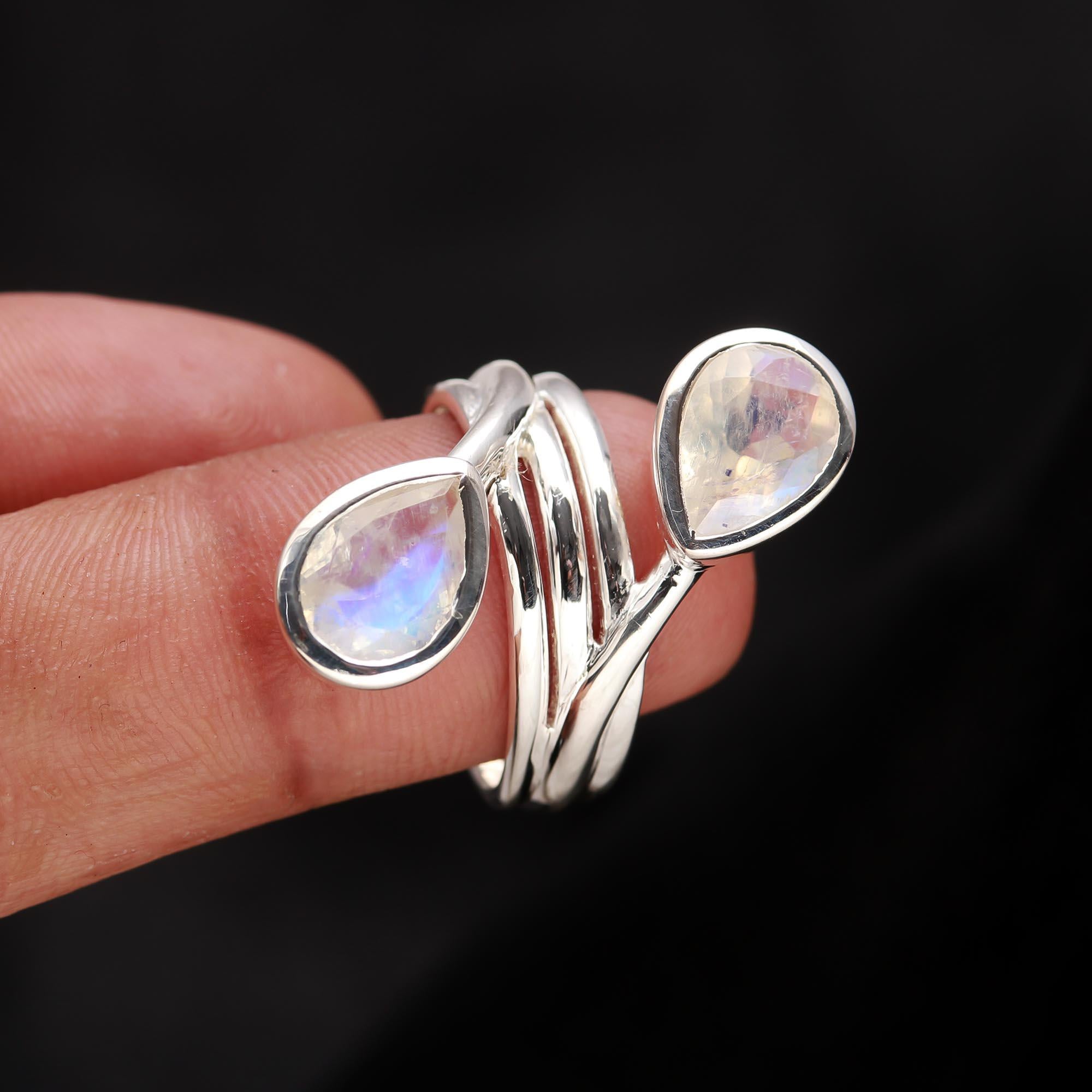 Sterling silver wrap ring with dual pear moonstones