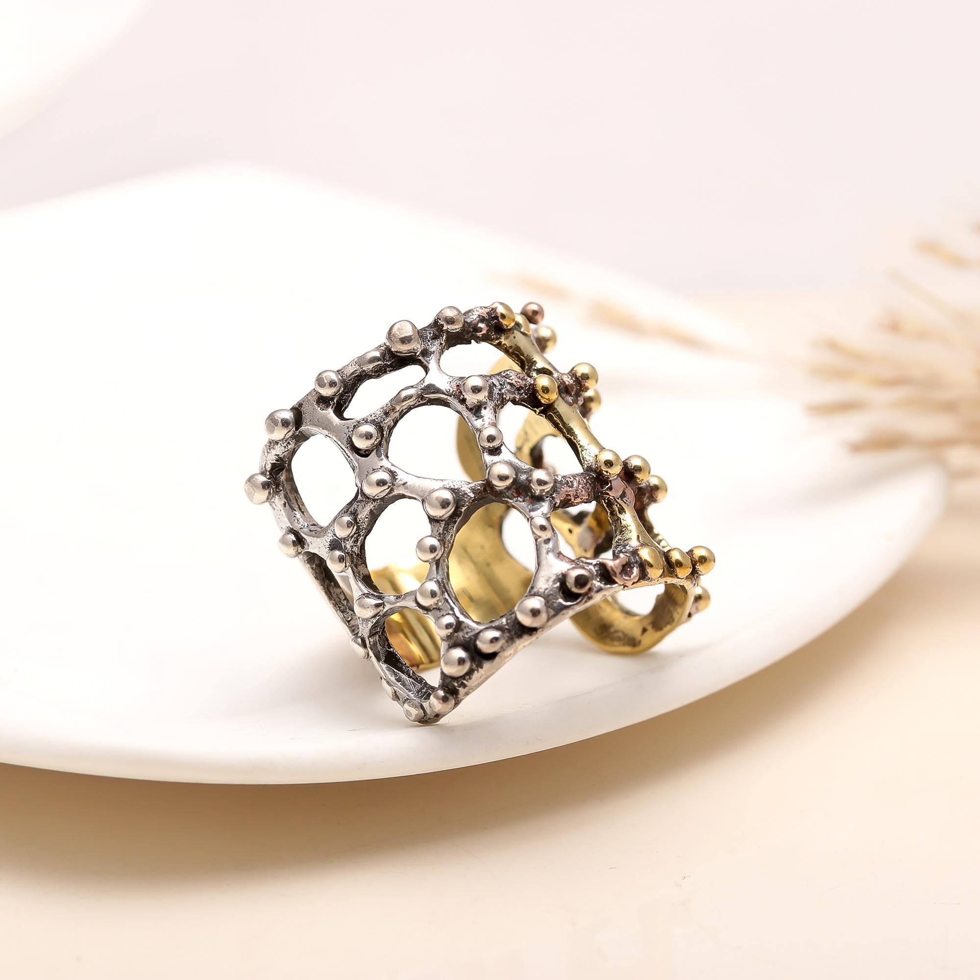 925 Silver Textured Openwork Ring with Gold Accents close-up