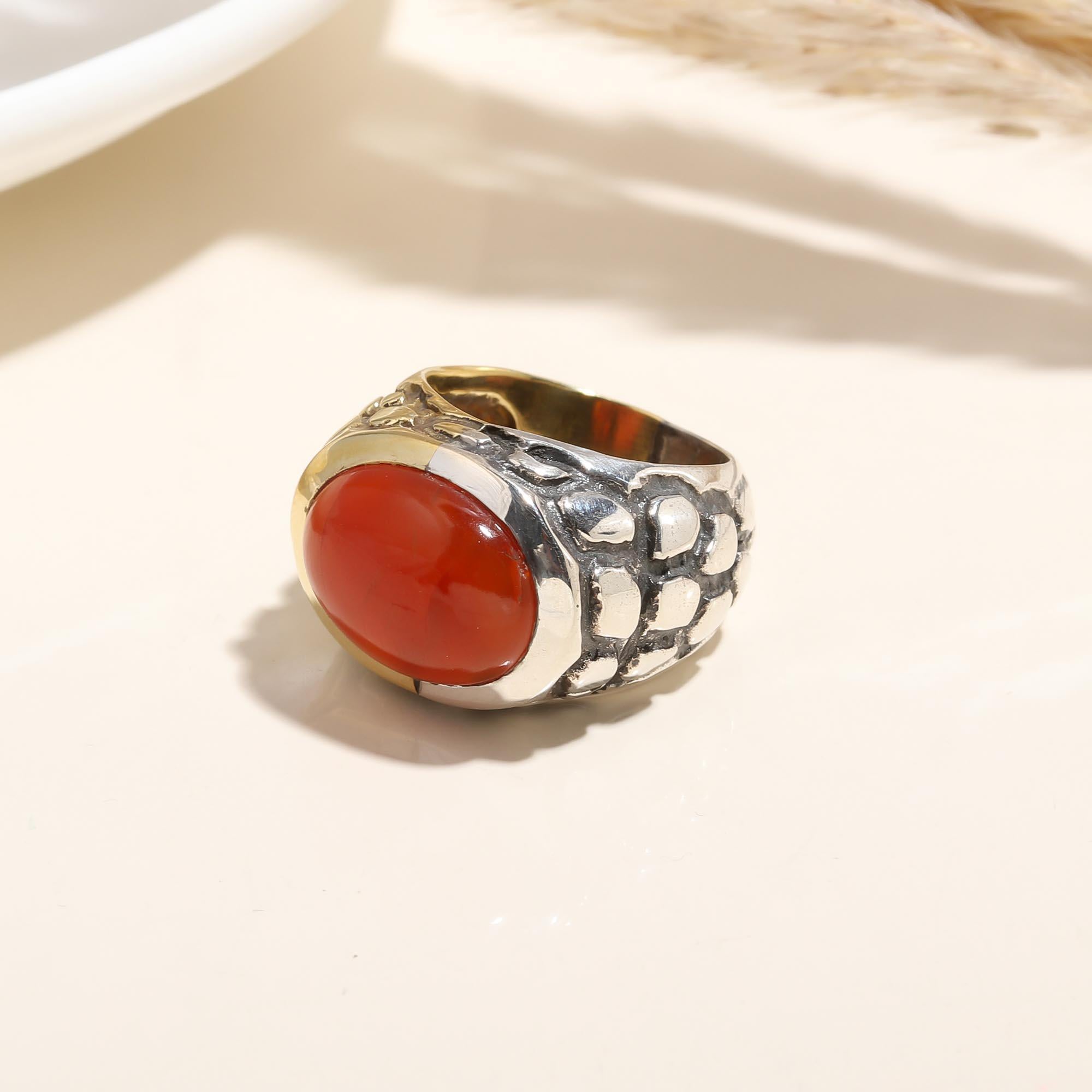 Sterling silver textured band ring with carnelian stone
