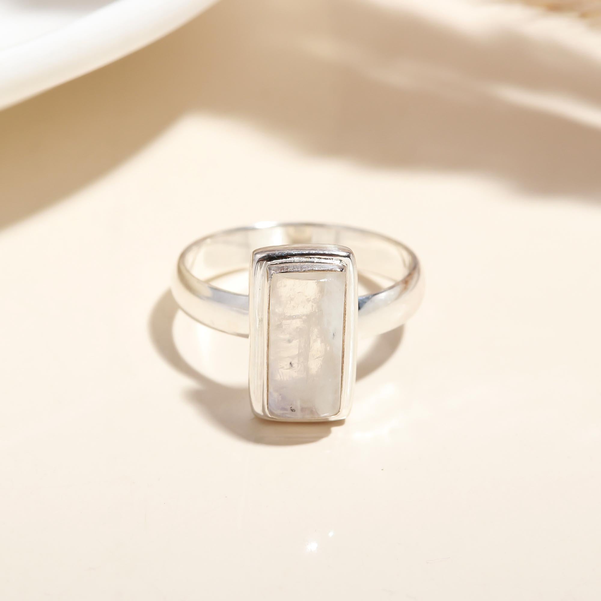 Close-up of rectangular moonstone silver ring