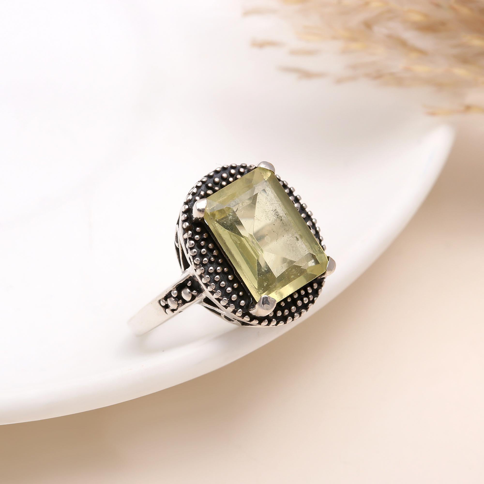 925 Silver Vintage Style Ring with Emerald Cut Lemon Quartz front view