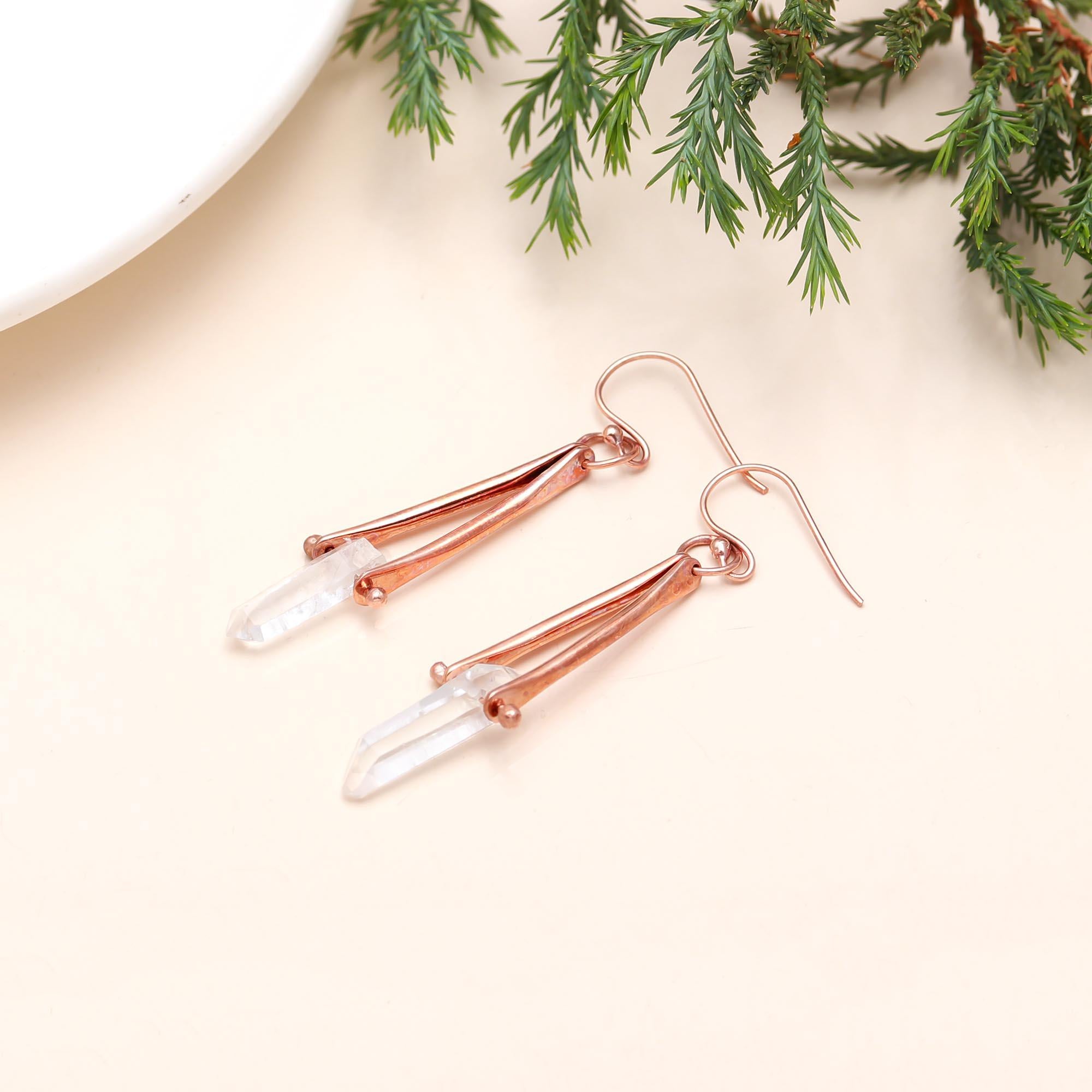 The Crystalline Apex: Raw Quartz & Rose Gold Drop Earrings