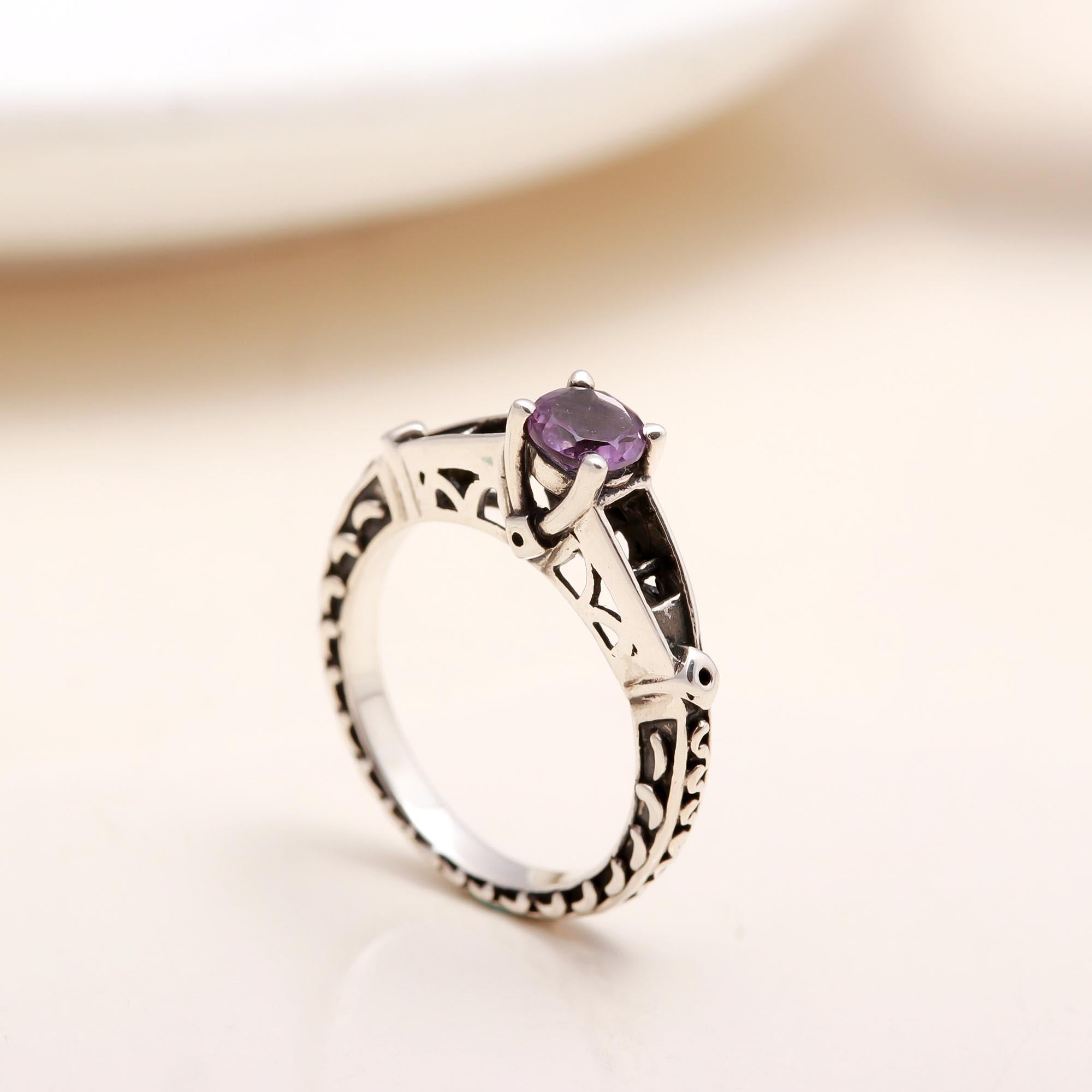 Handmade sterling silver band ring with amethyst and red enamel