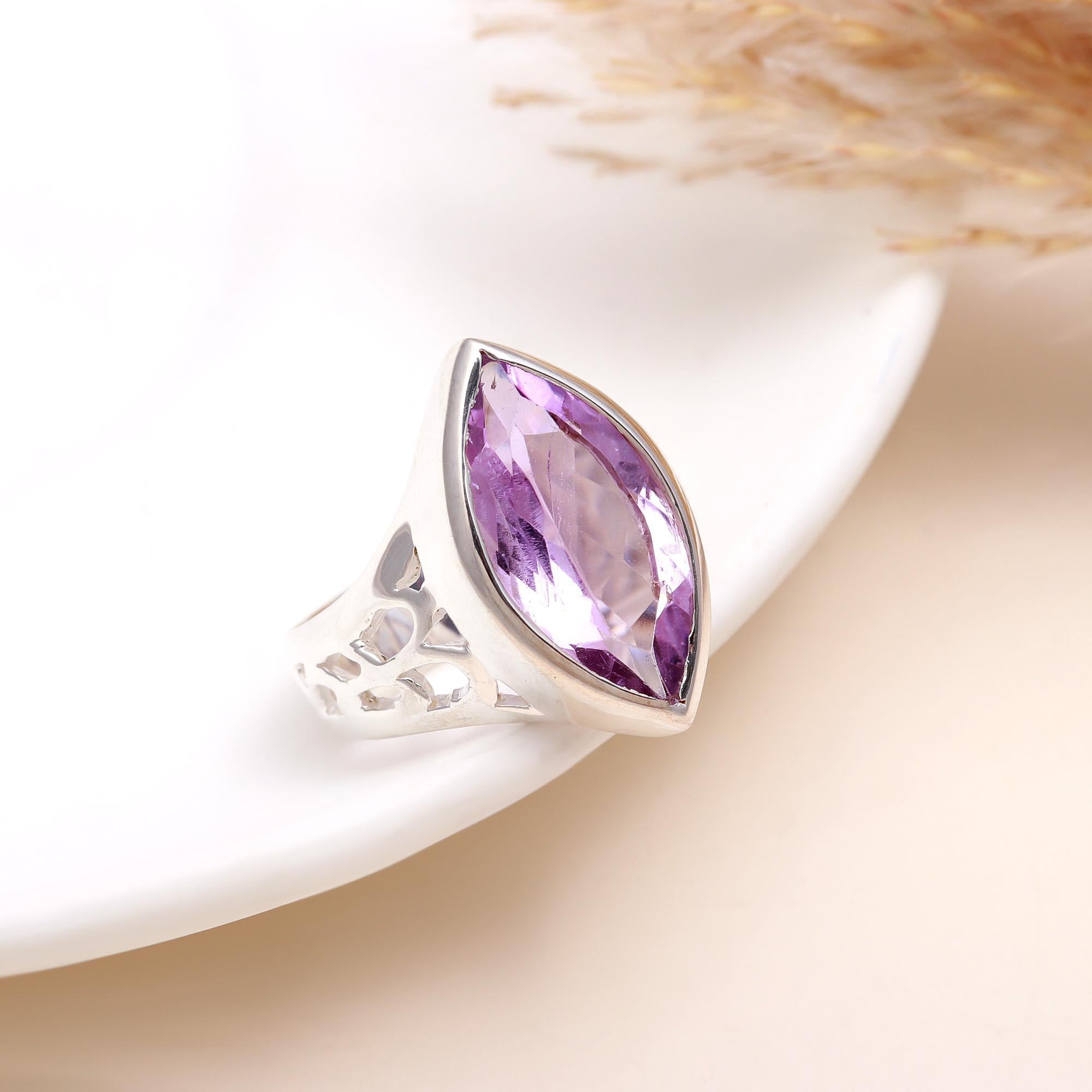 925 Silver Marquise-Cut Amethyst Statement Ring front view