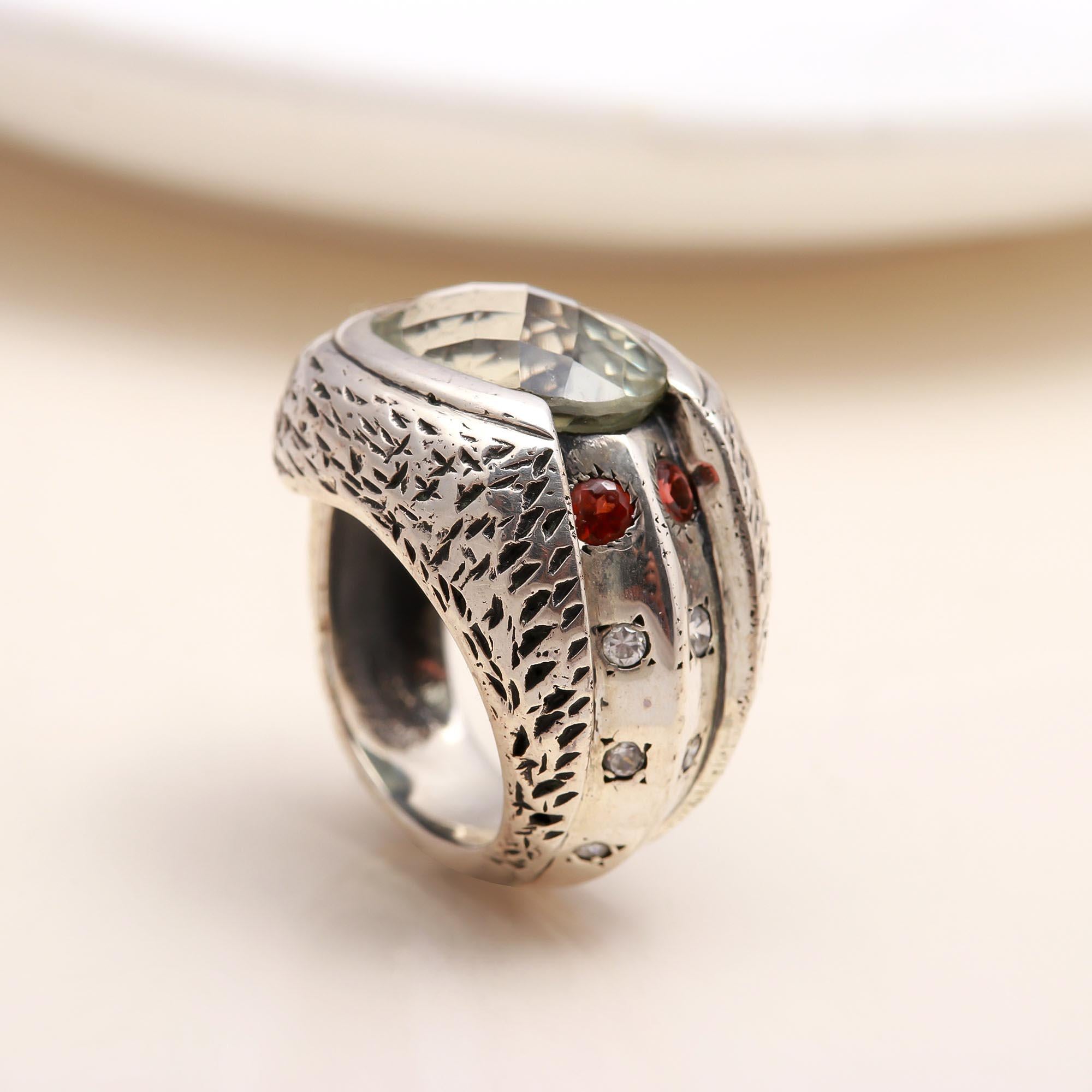 Handmade green amethyst solitaire ring in silver