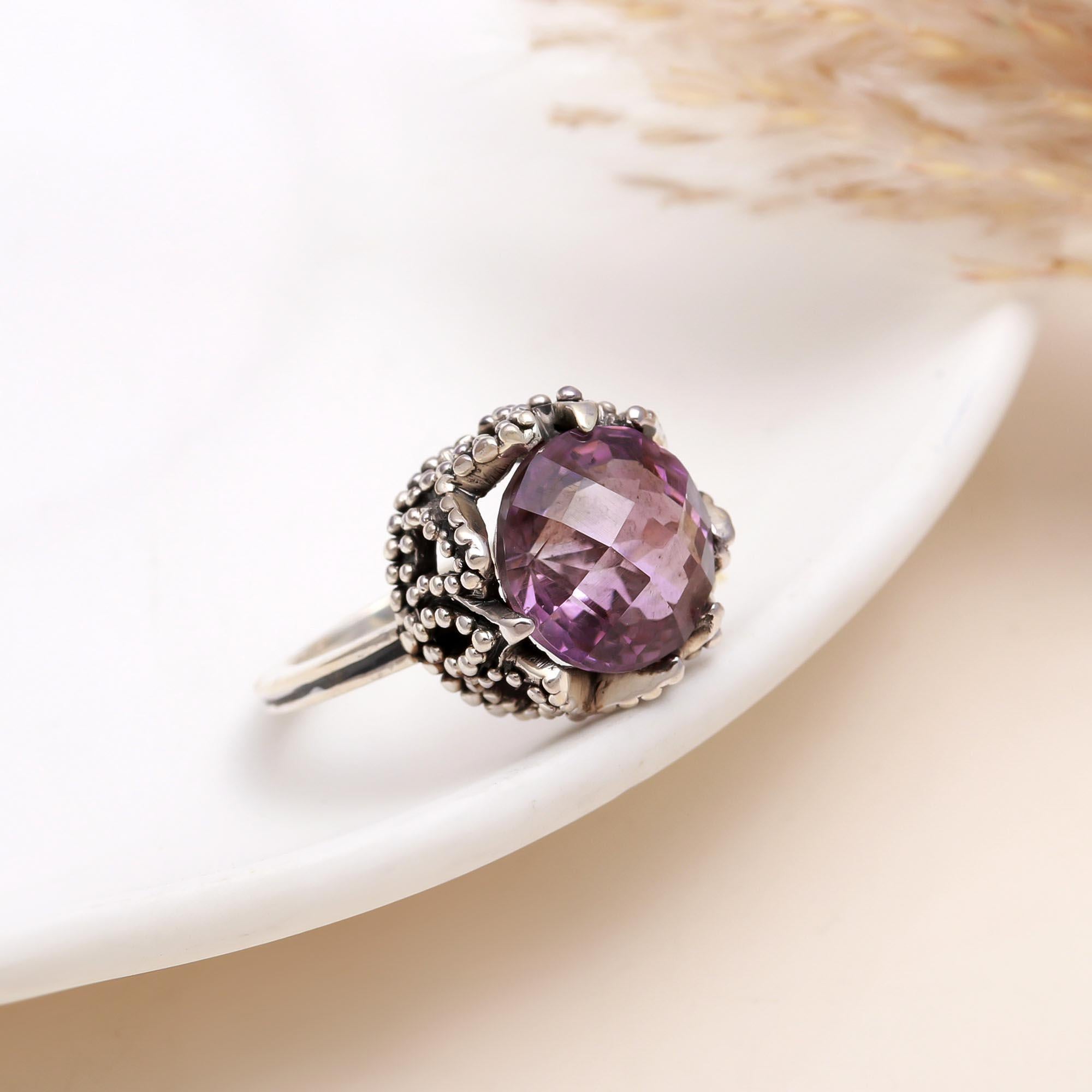 925 Silver Antique Style Faceted Amethyst Ring front view
