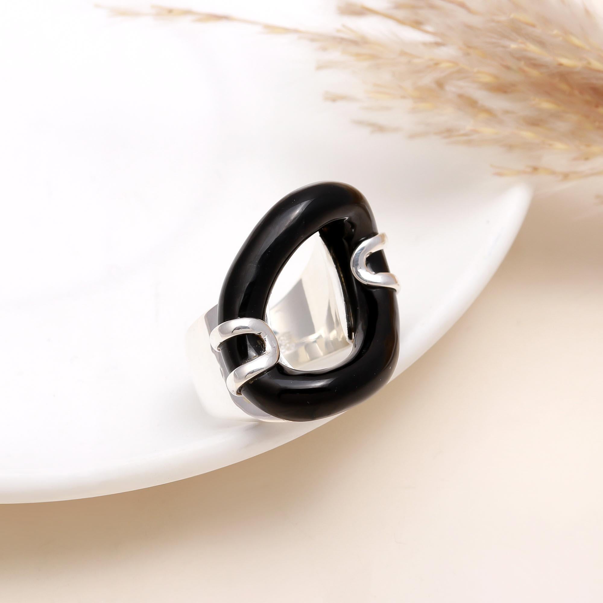 925 Silver Bold Black Enamel Statement Ring front view