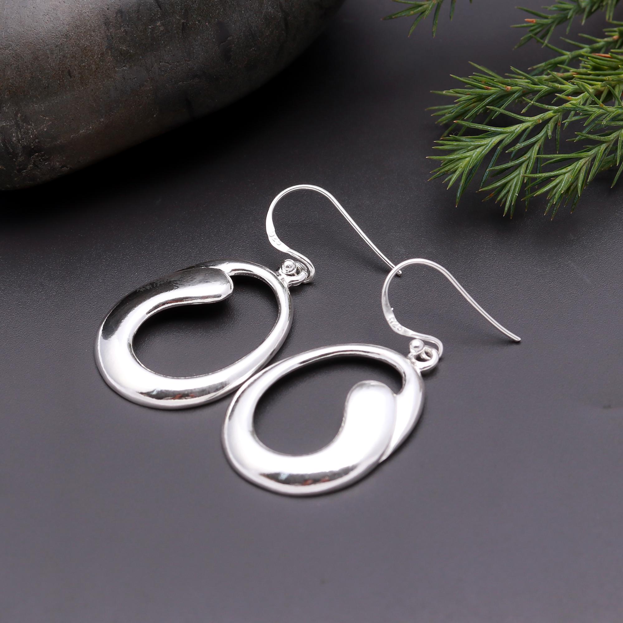 925 Silver Abstract Oval Dangle Earrings