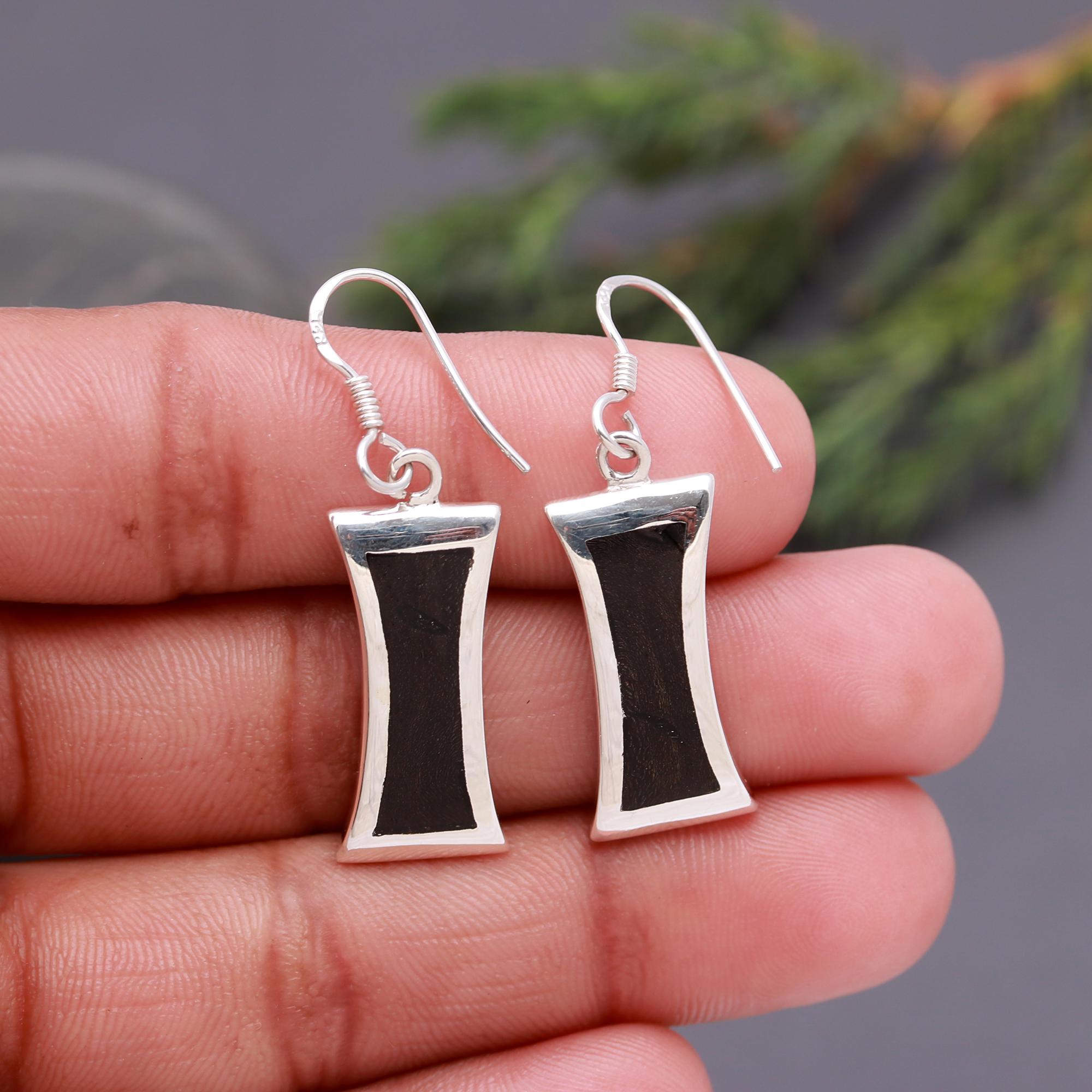 925 Silver Black Wood Inlay Dangle Earrings