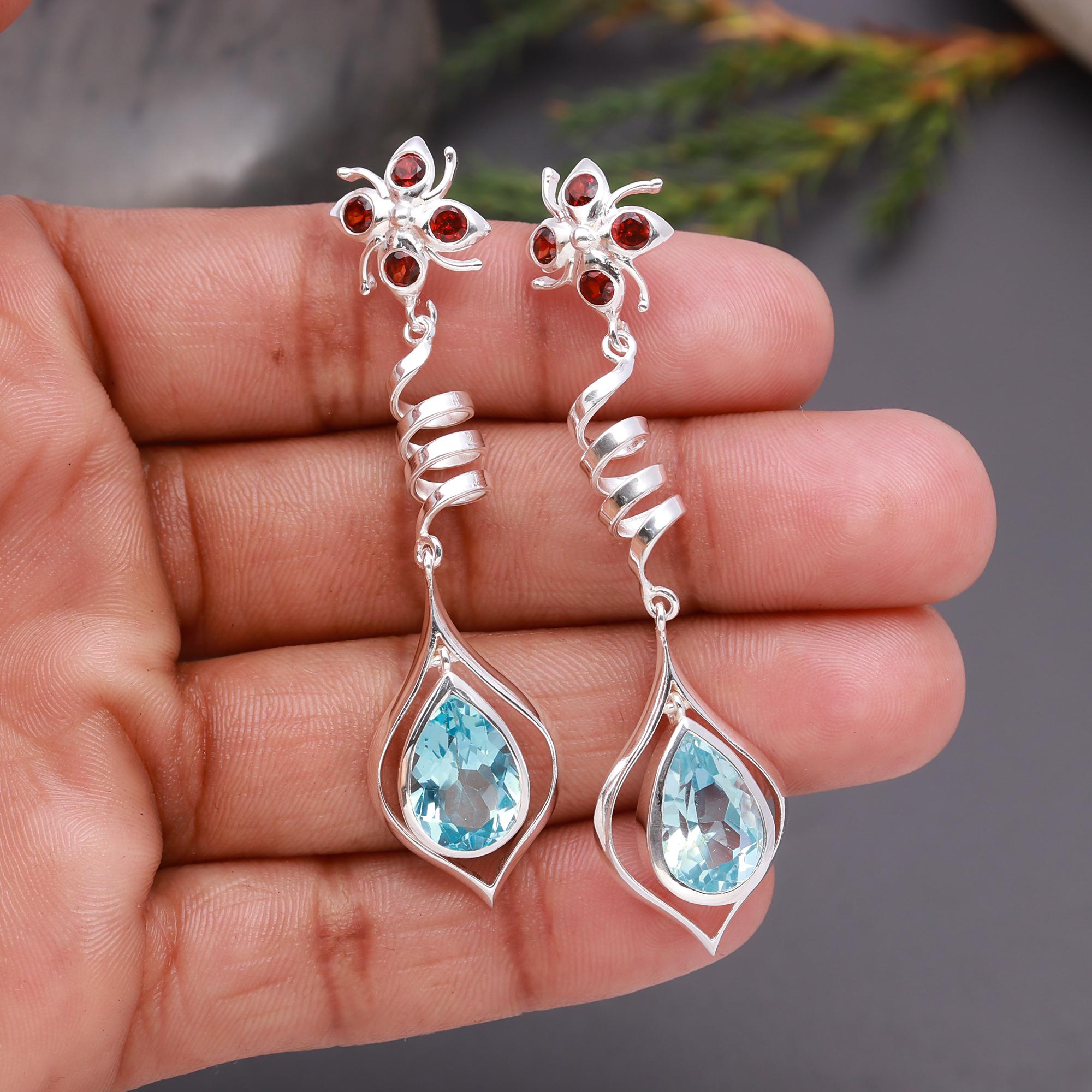925 Silver Blue Topaz & Garnet Drop Earrings