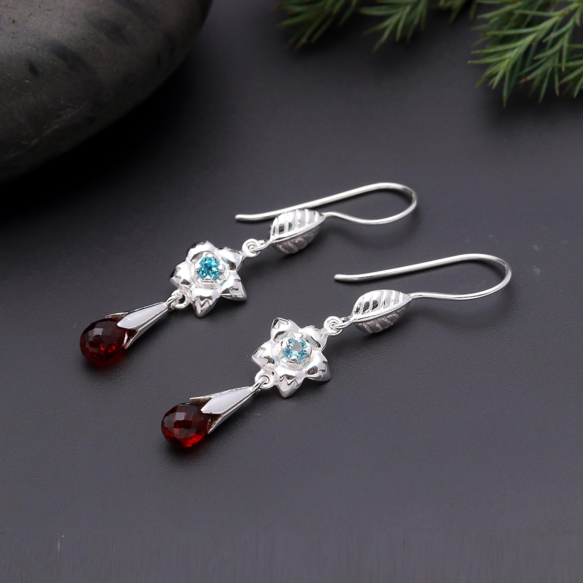 925 Silver Blue Topaz & Garnet Floral Dangle Earrings