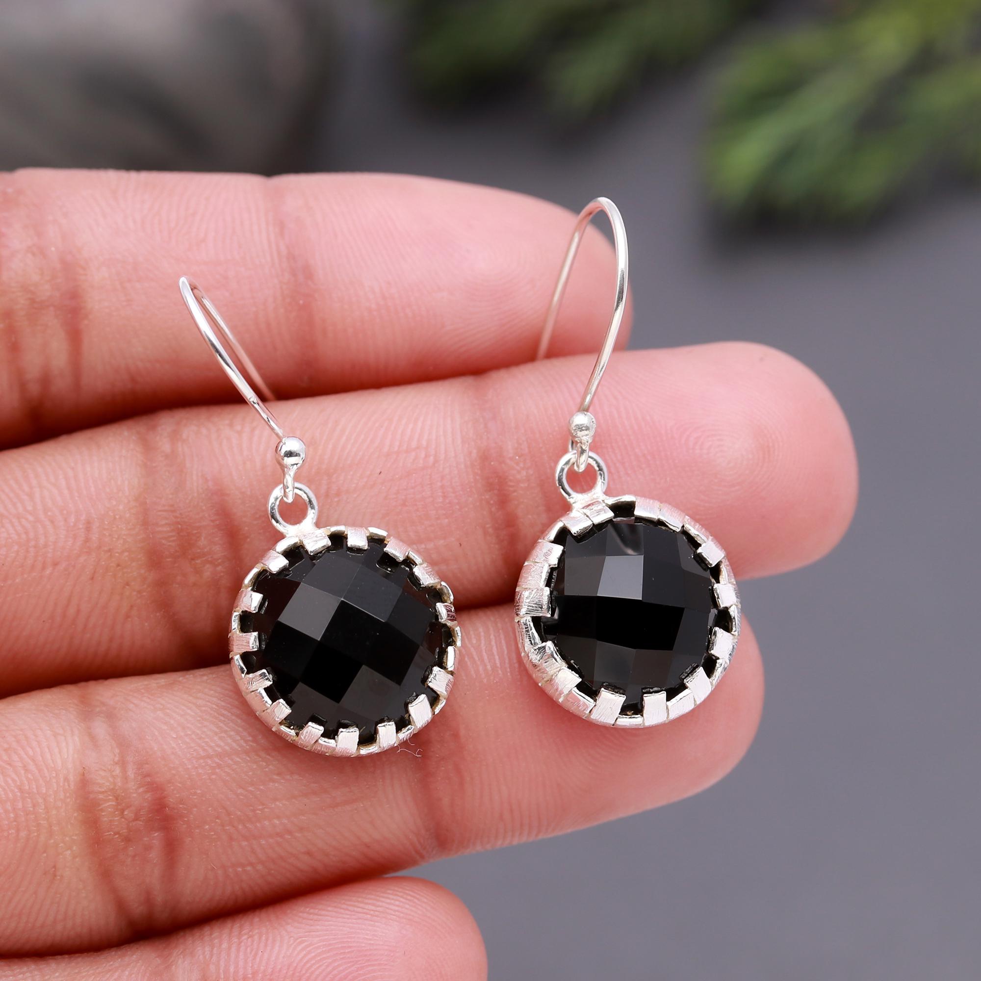 925 Silver Faceted Black Onyx Dangle Earrings