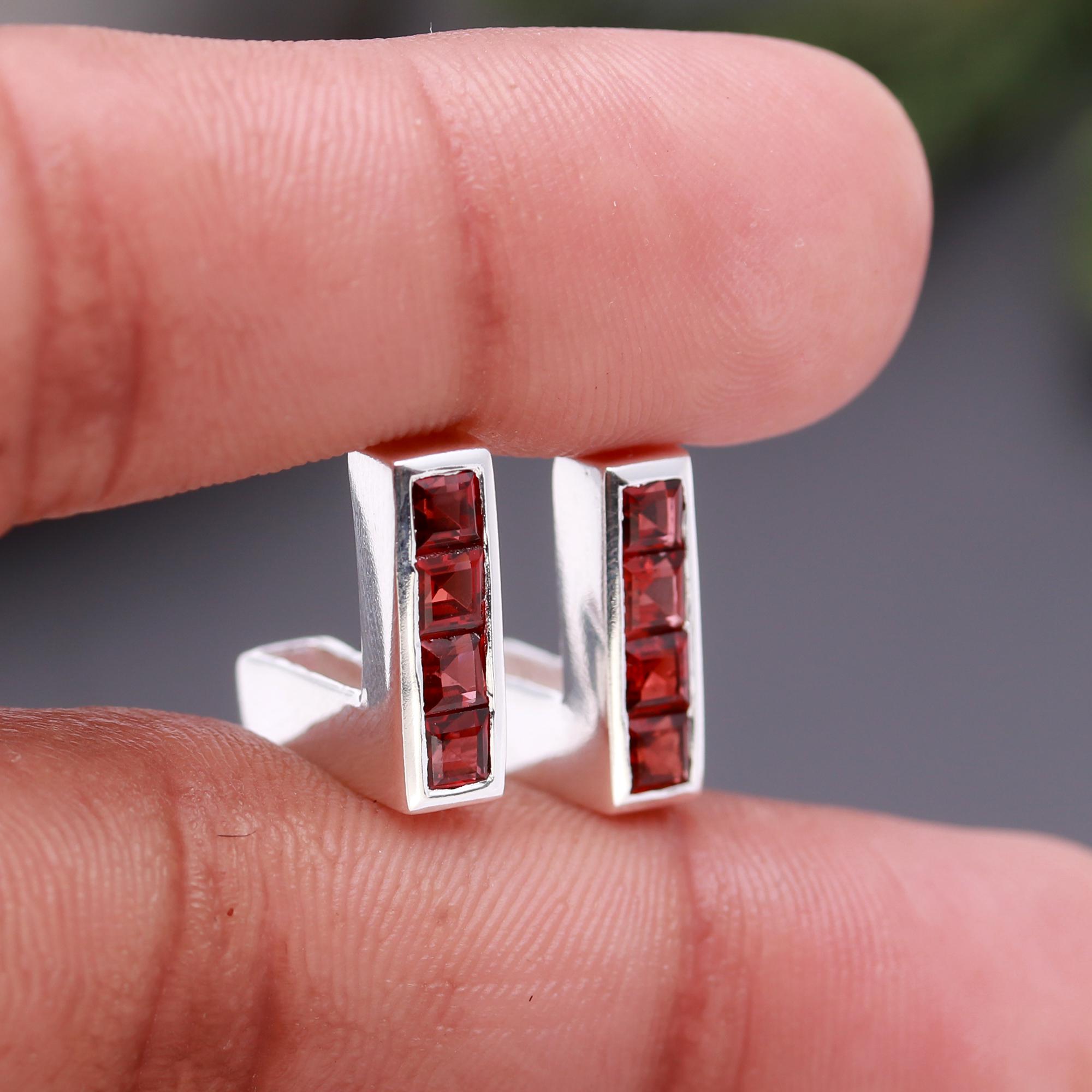 925 Silver Garnet Bar Stud Earrings