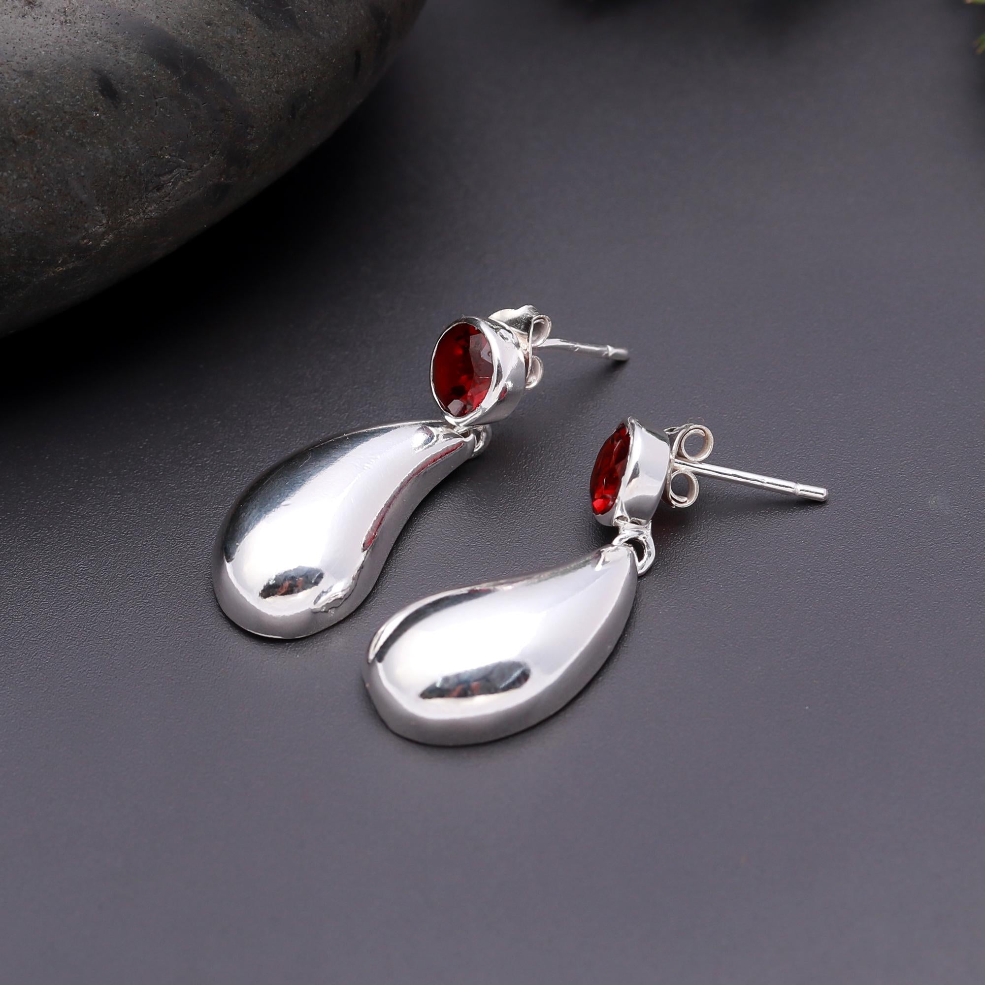 925 Silver Garnet Teardrop Drop Earrings