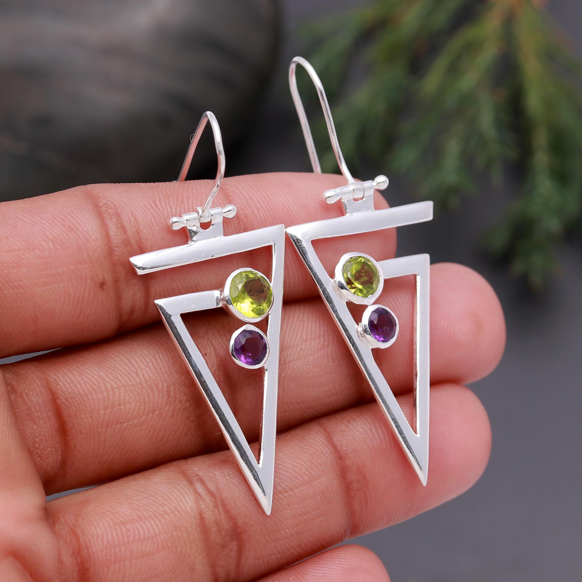 925 Silver Peridot and Amethyst Dangle Earrings