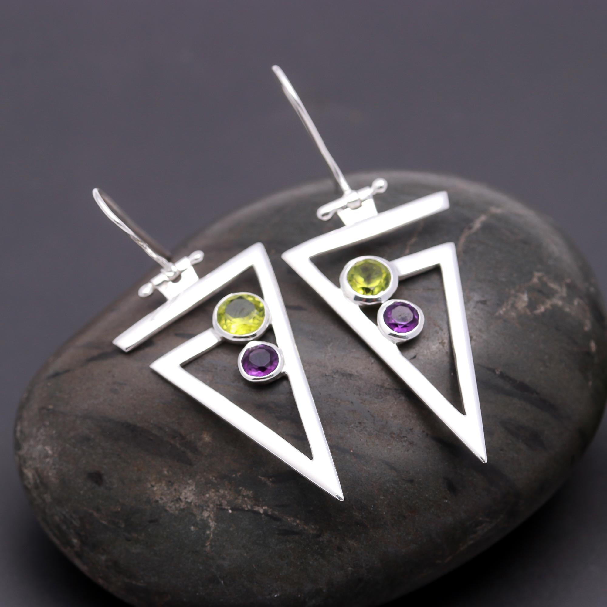 925 Silver Peridot and Amethyst Dangle Earrings