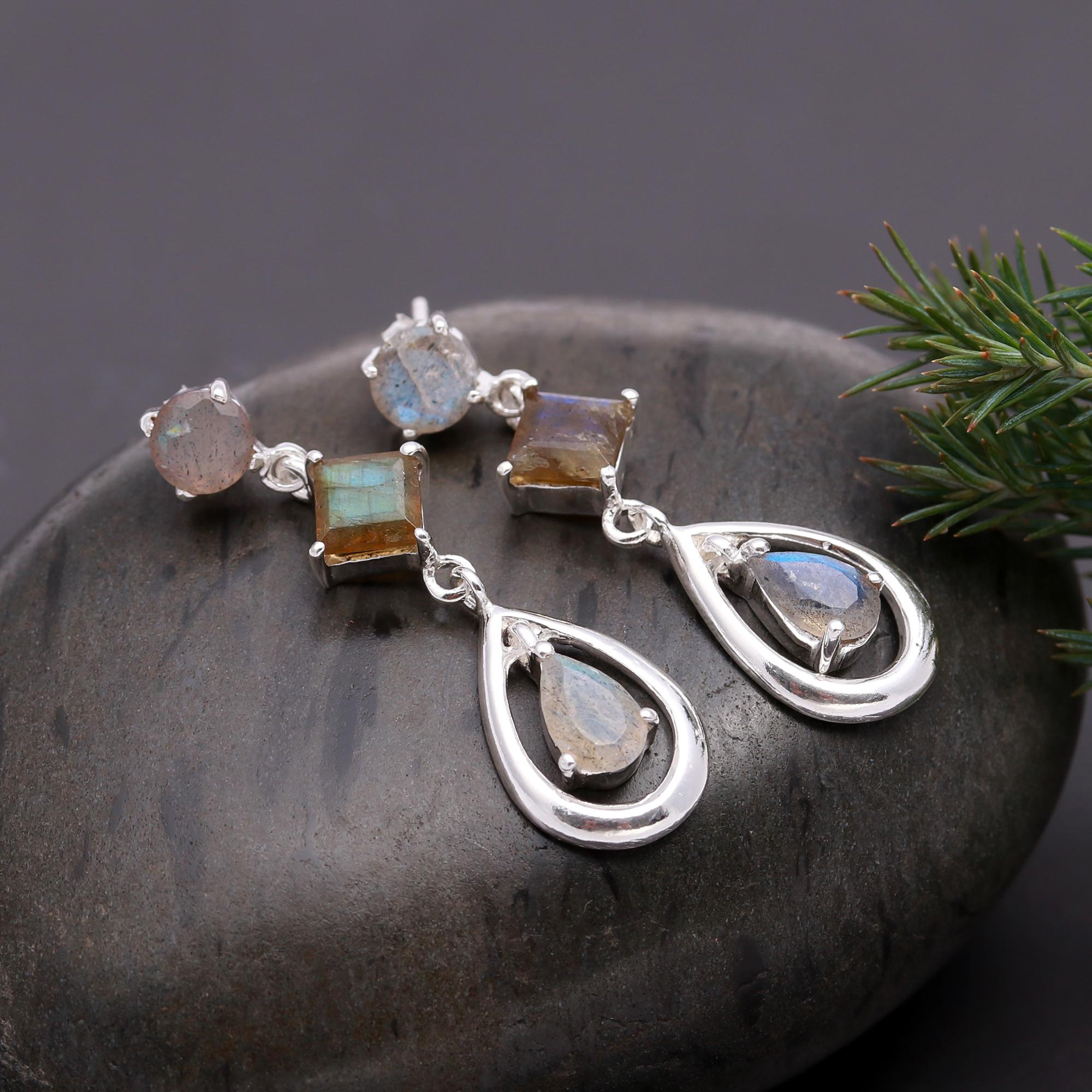 925 Silver Labradorite Multi-Stone Drop Earrings