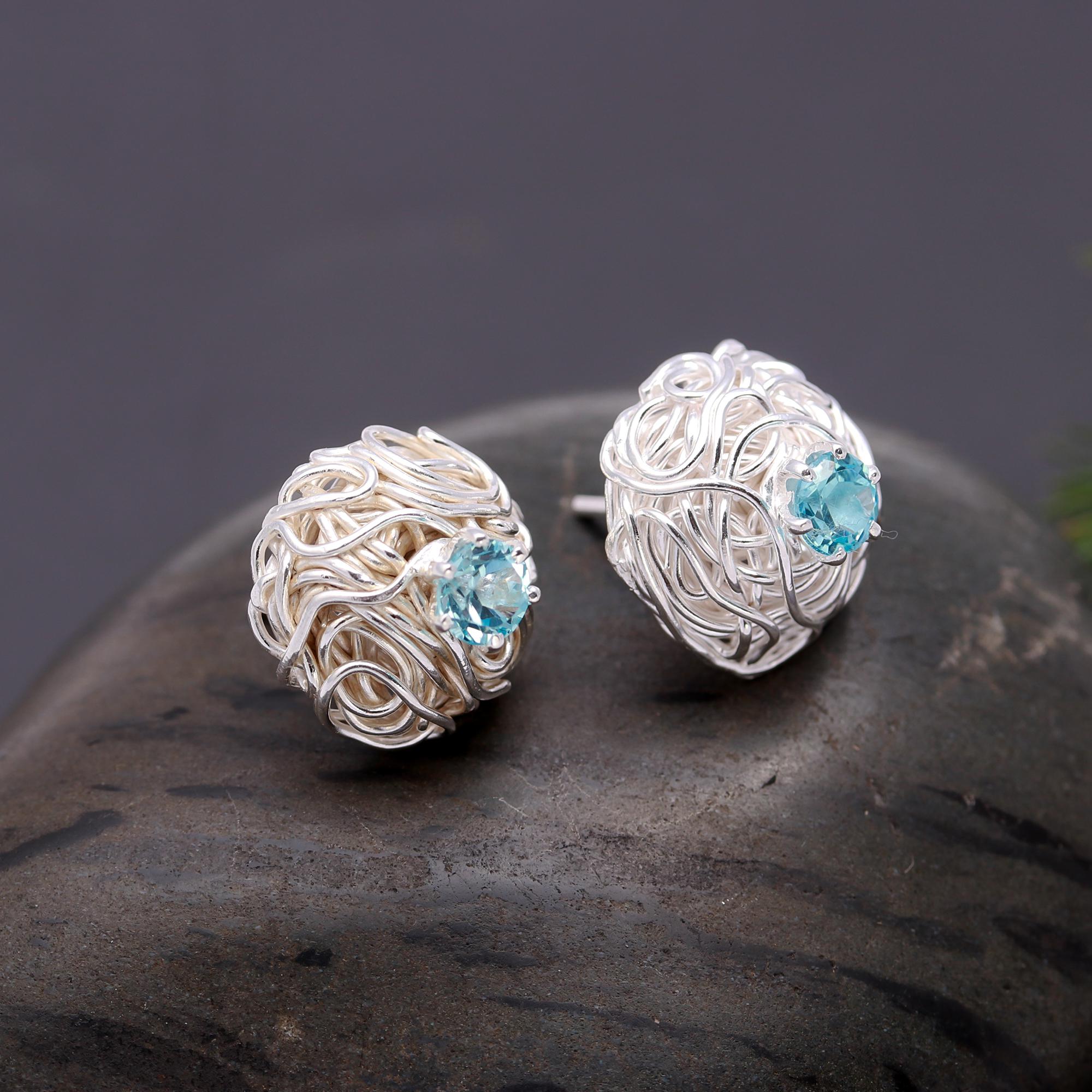 925 Silver Nest Blue Topaz Stud Earrings