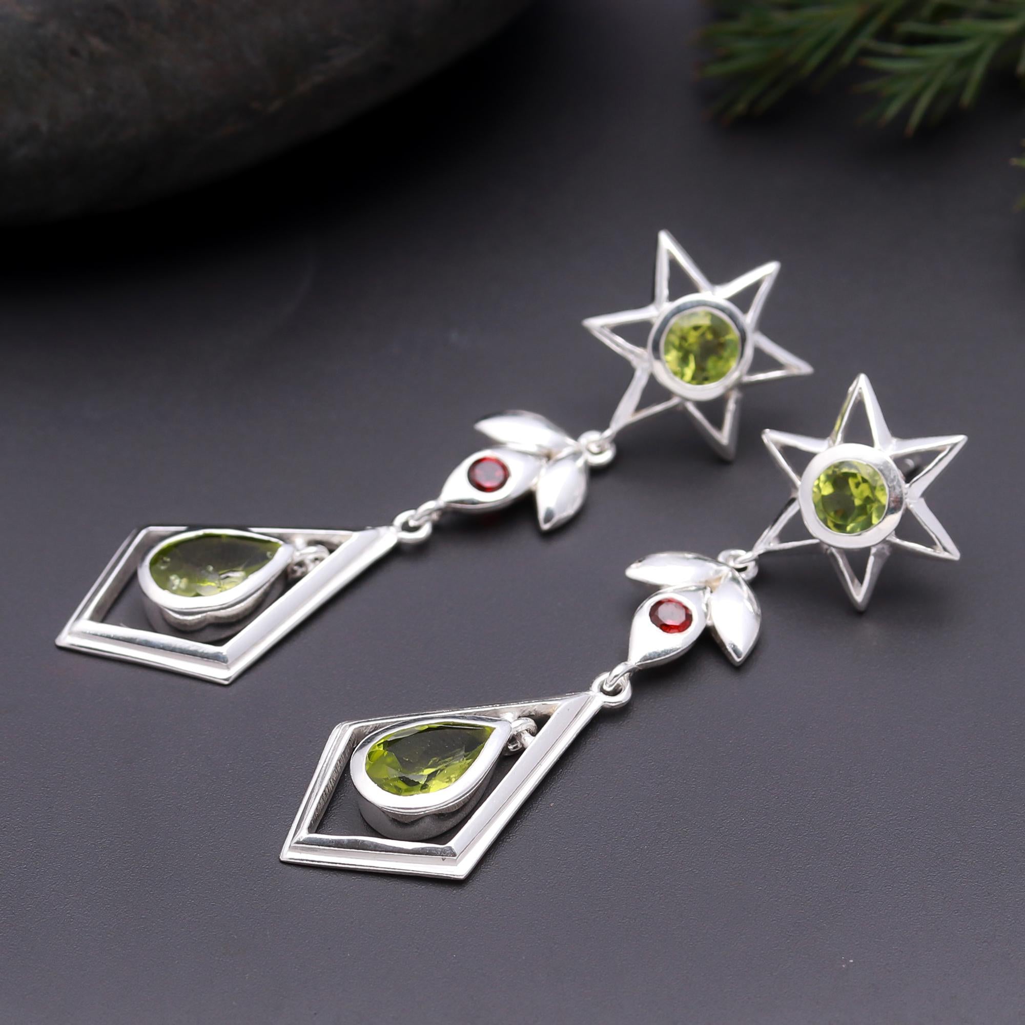 925 Silver Peridot and Garnet Star Drop Earrings