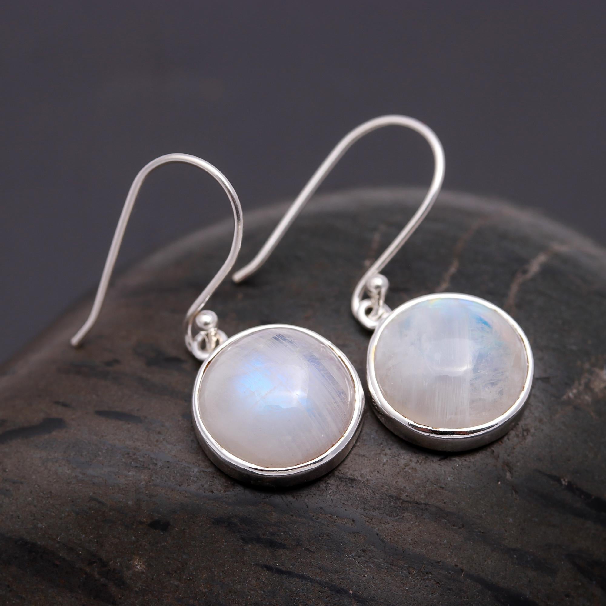 925 Silver Round Moonstone Dangle Earrings