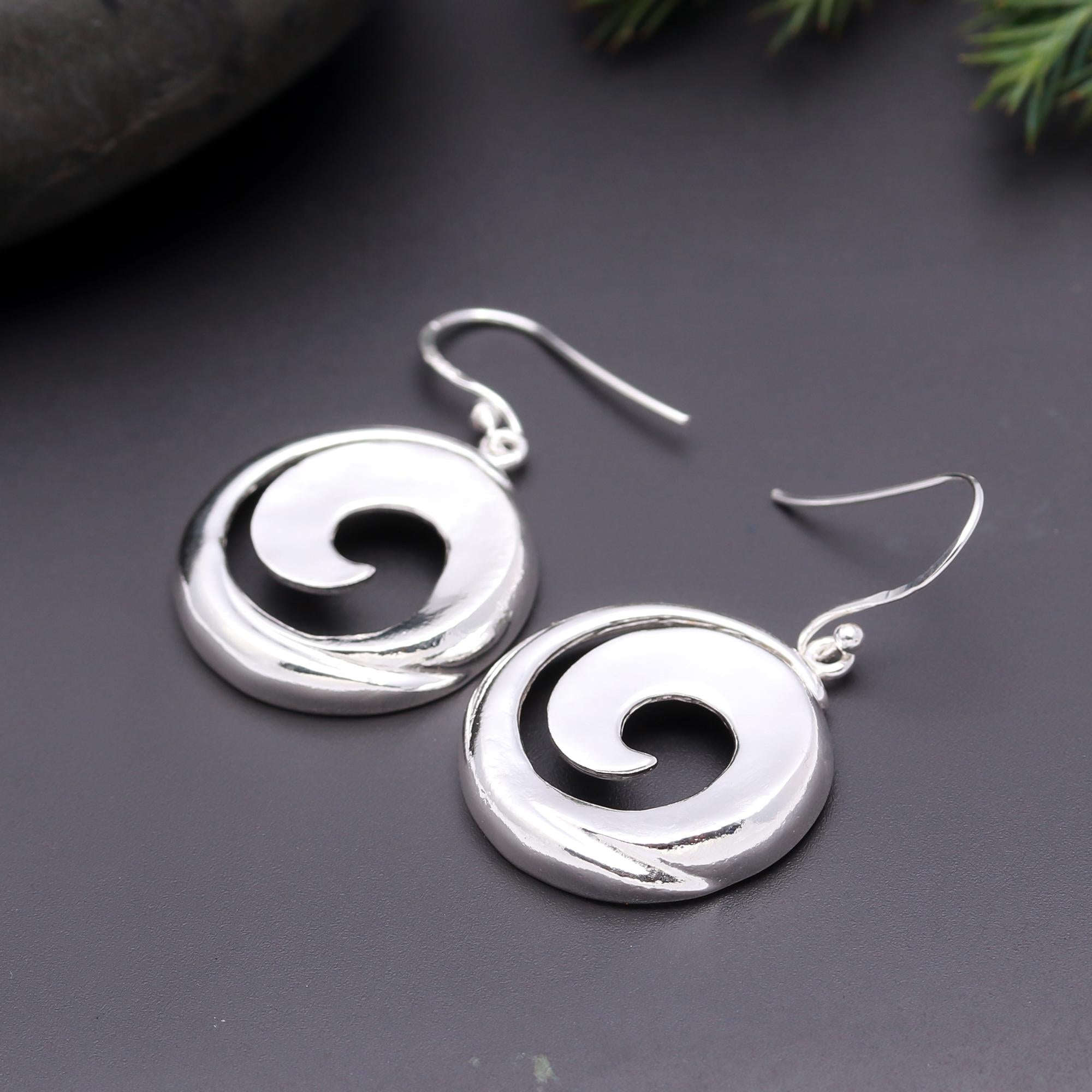 925 Silver Round Spiral Dangle Earrings