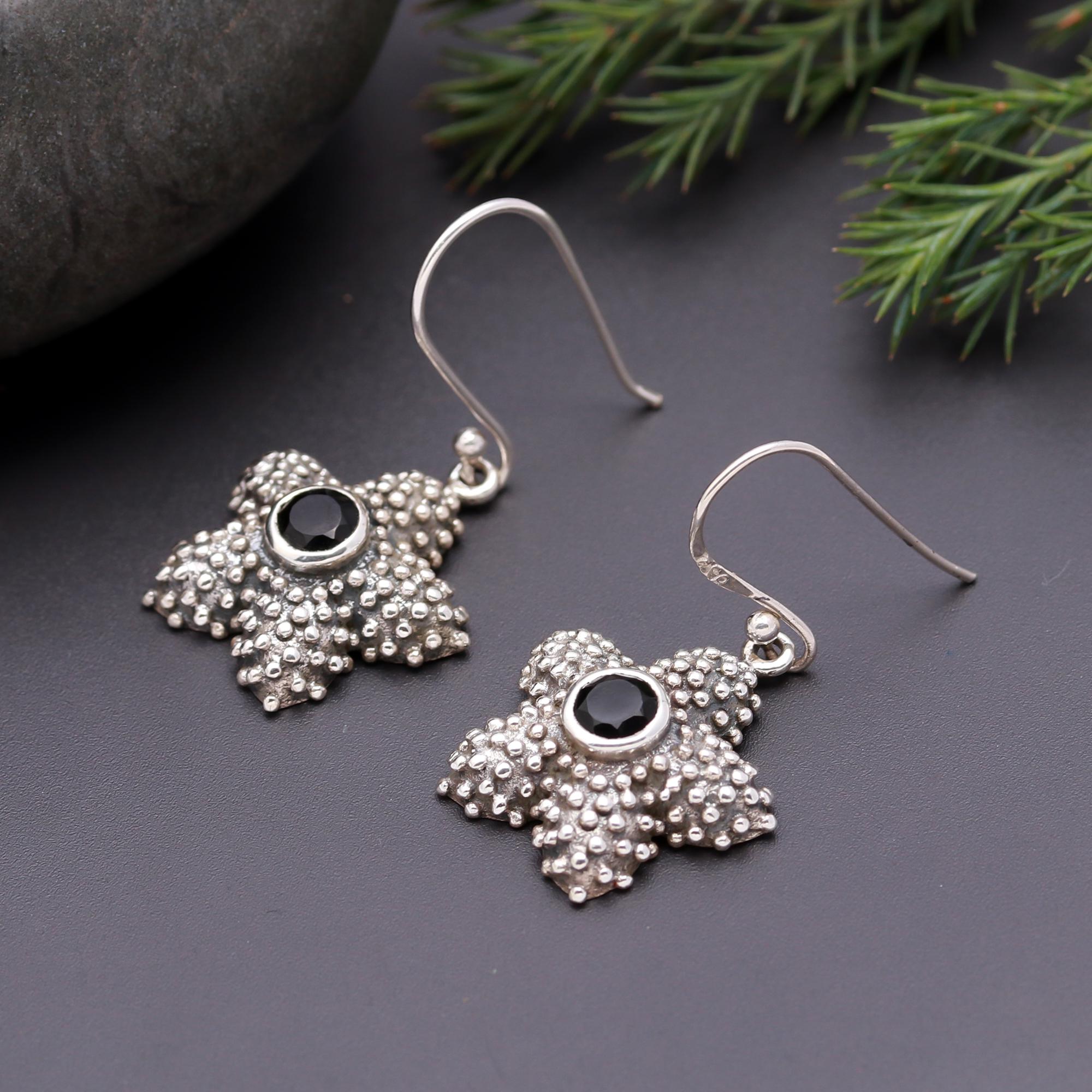 925 Silver Starfish Black Onyx Dangle Earrings
