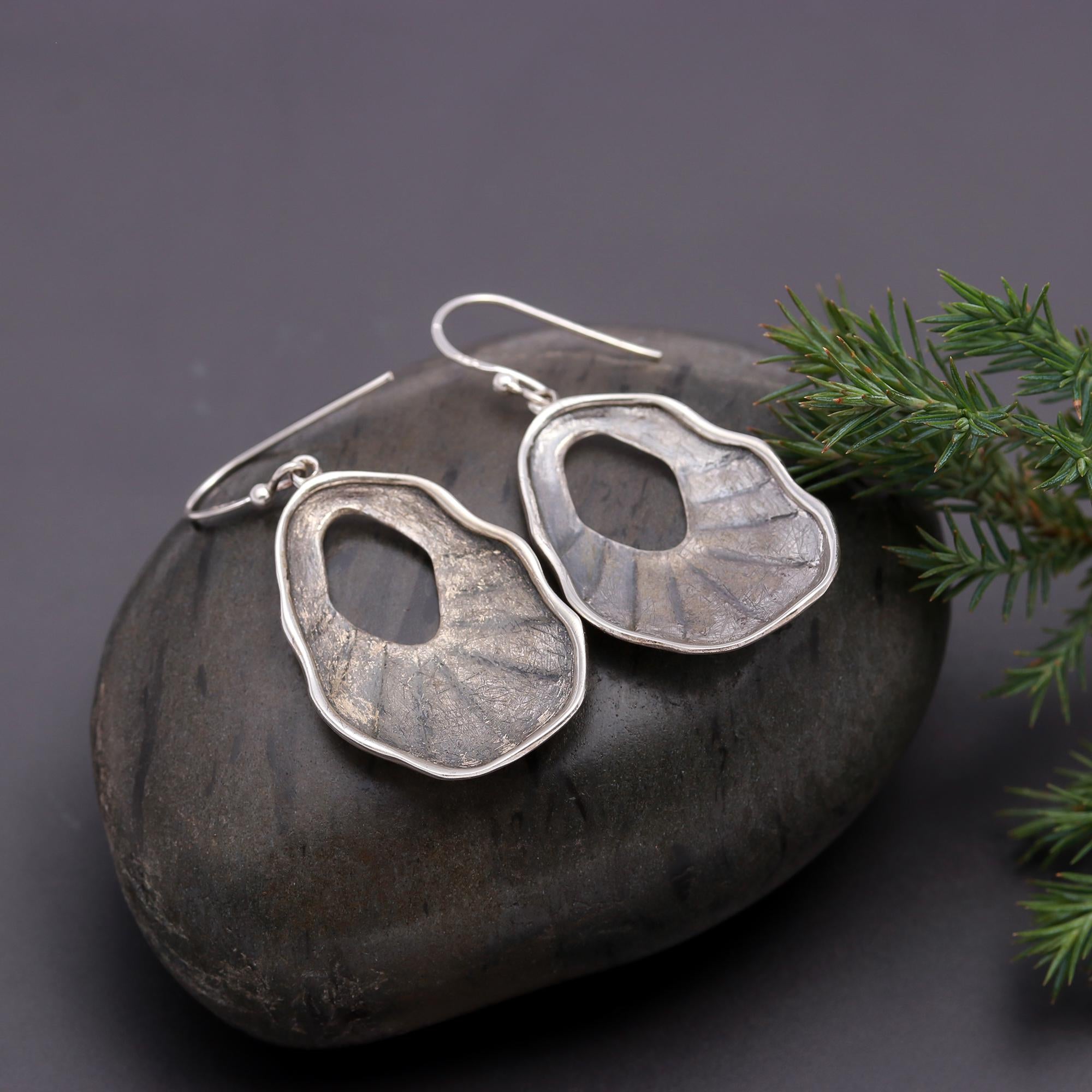 925 Silver Textured Hollow Drop Dangle Earrings