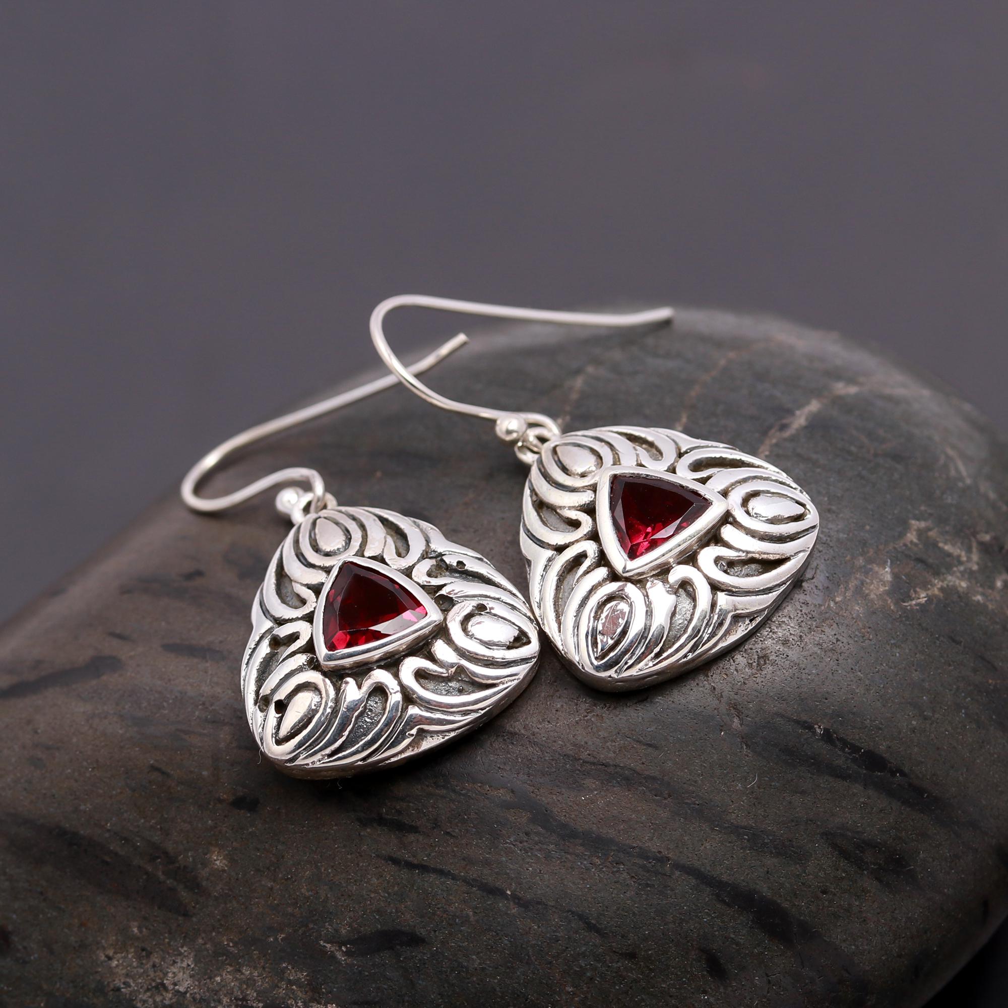 925 Silver Triangle Garnet Dangle Earrings
