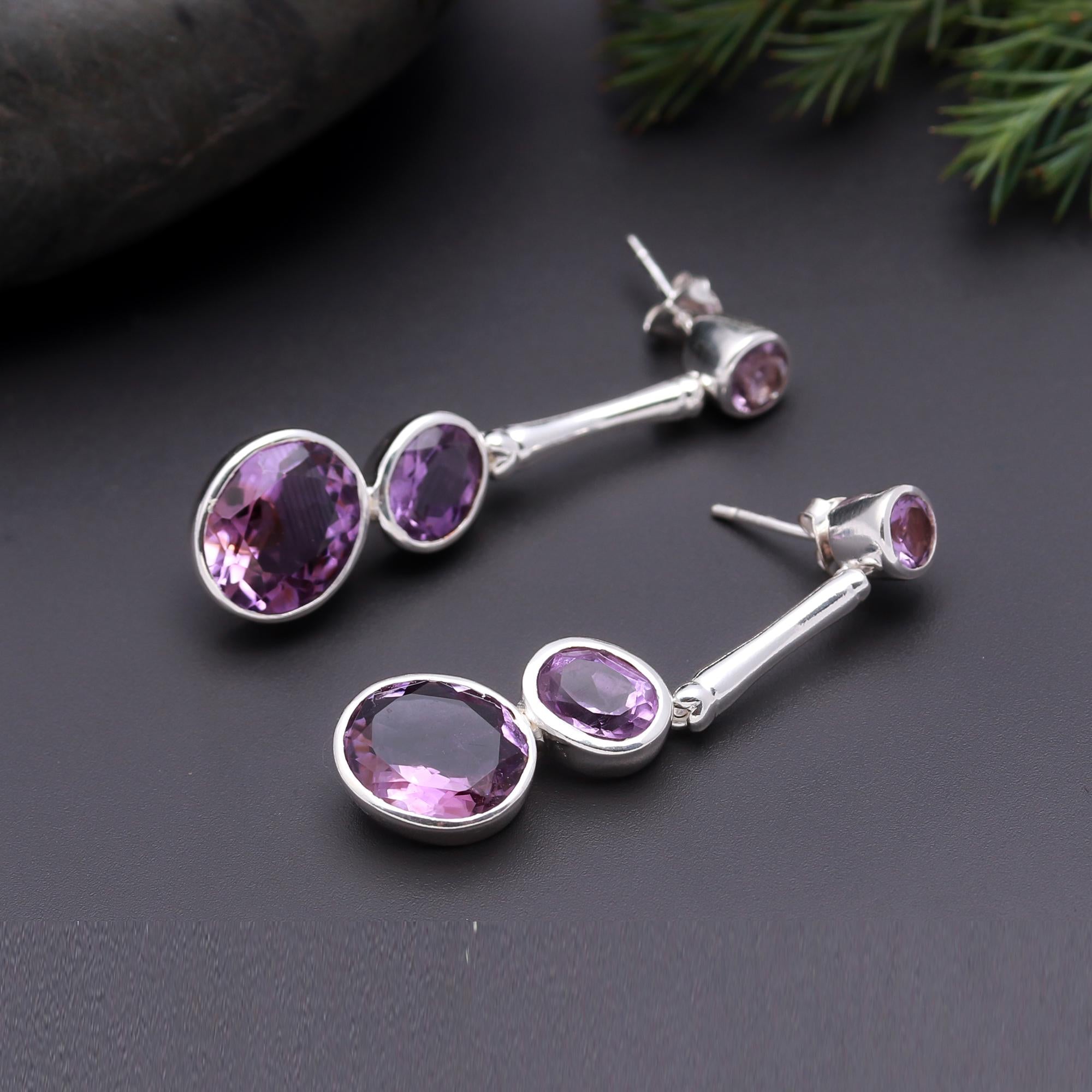 925 Silver Triple Amethyst Drop Earrings