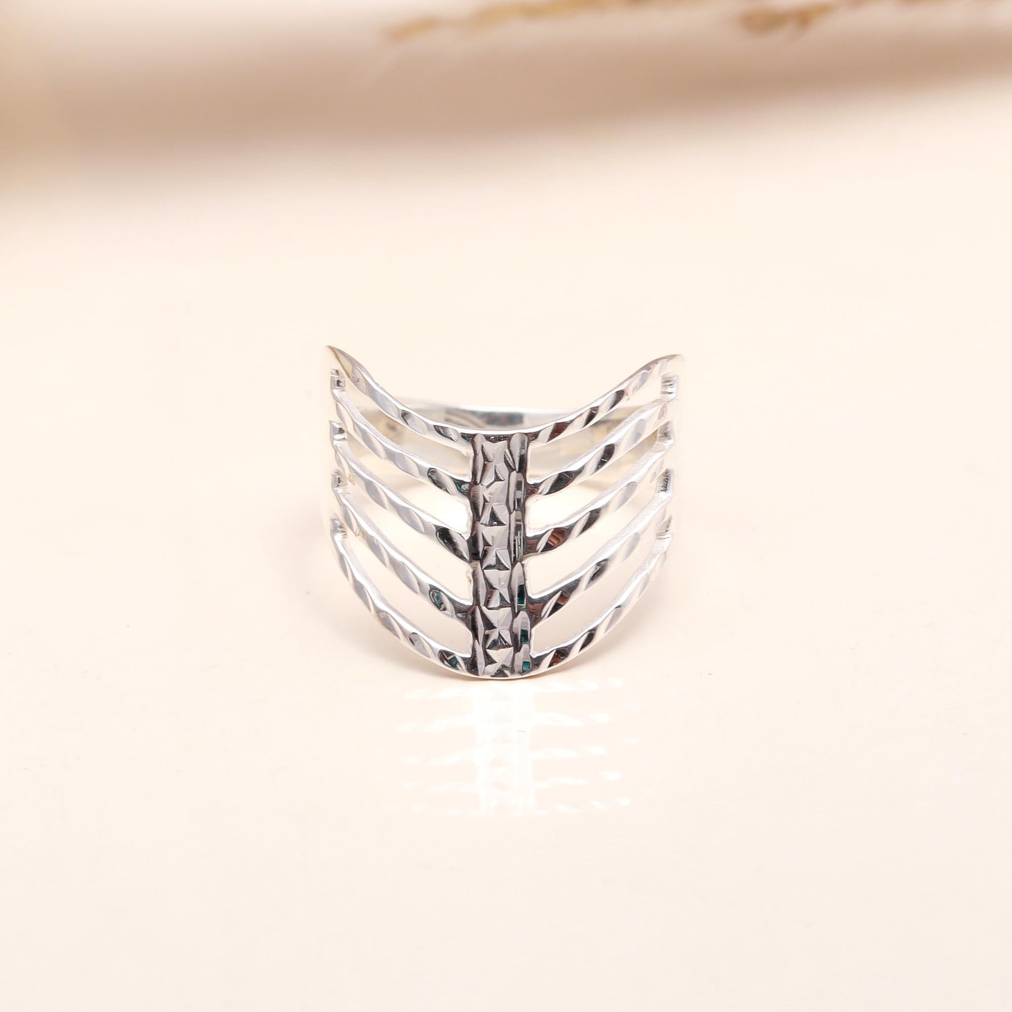 Close-up of textured openwork sterling silver ring