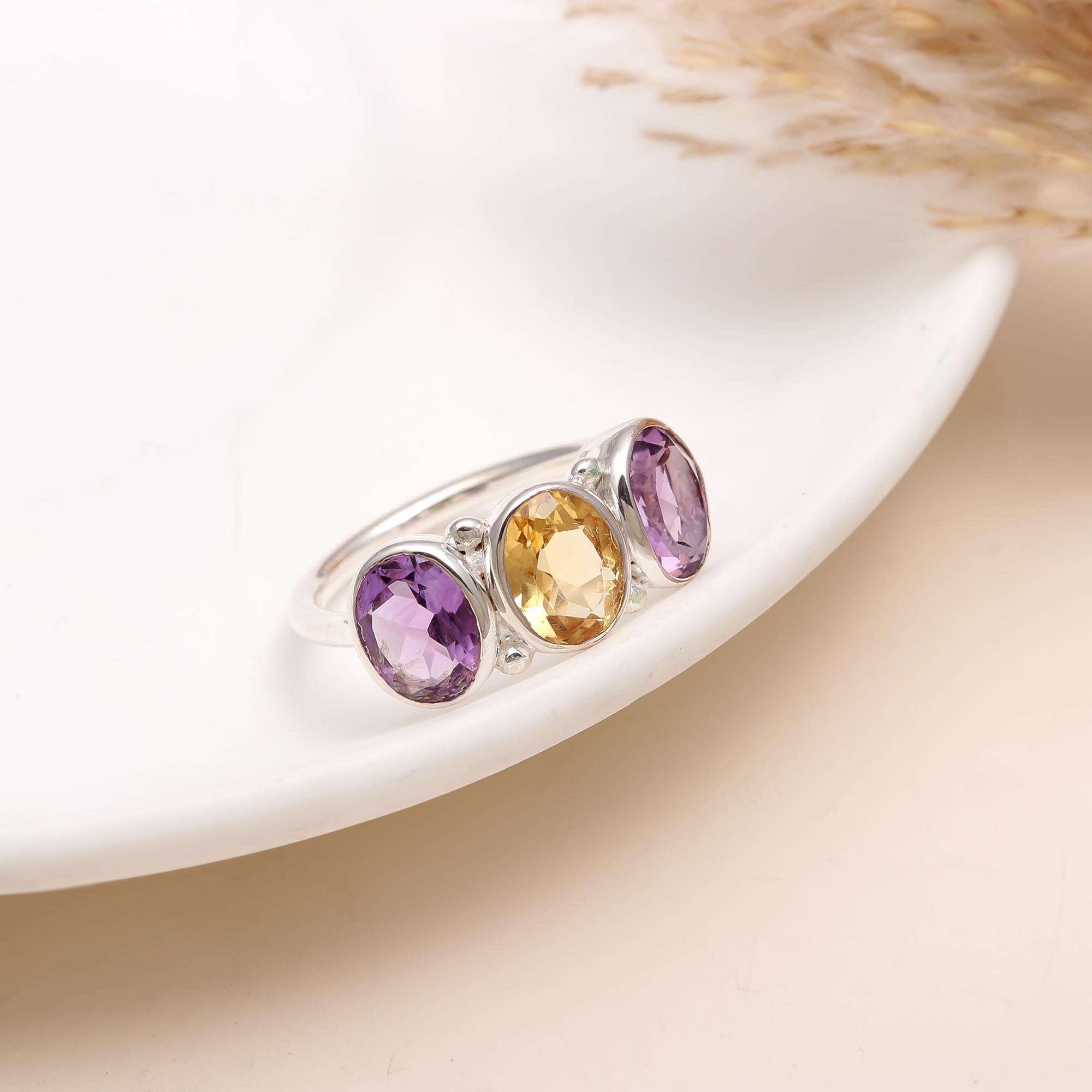925 Silver Amethyst and Citrine Three Stone Ring front view