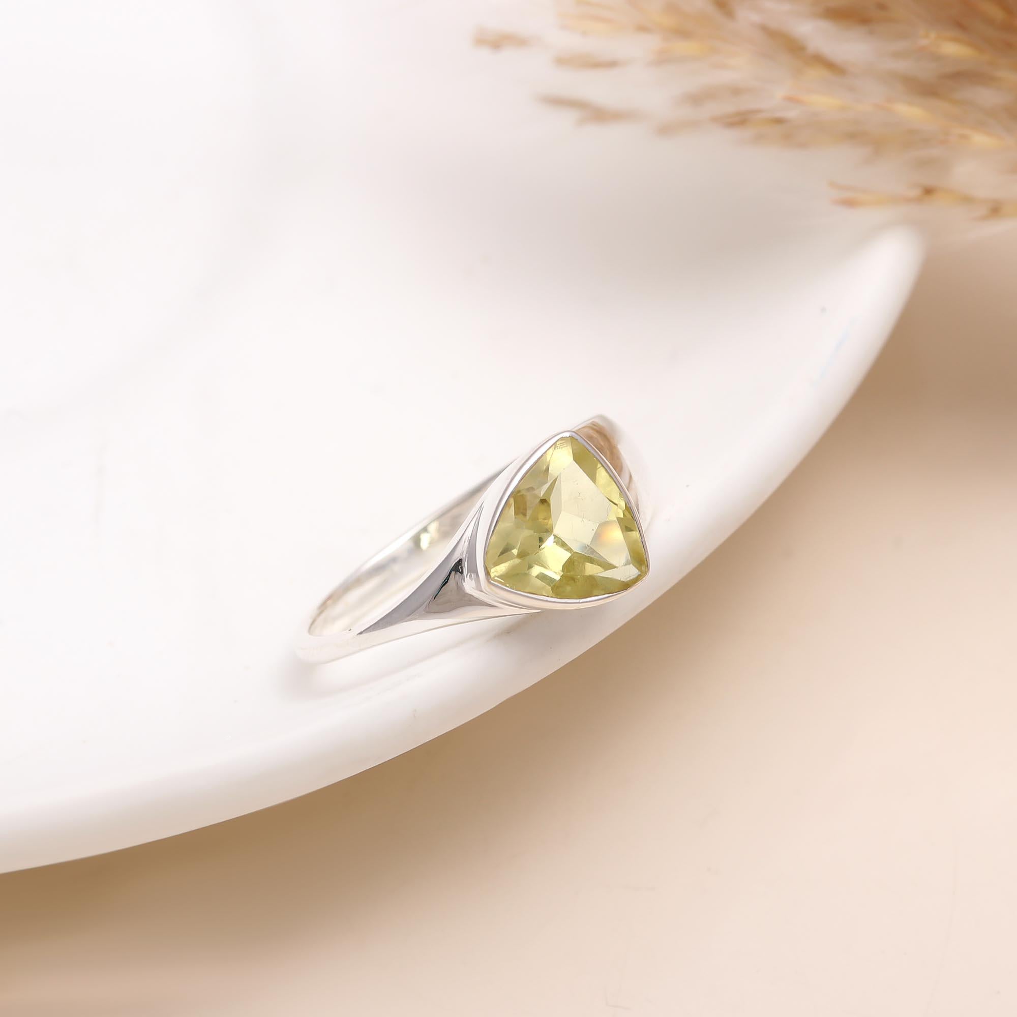925 Silver Trillion Cut Lemon Quartz Ring front view